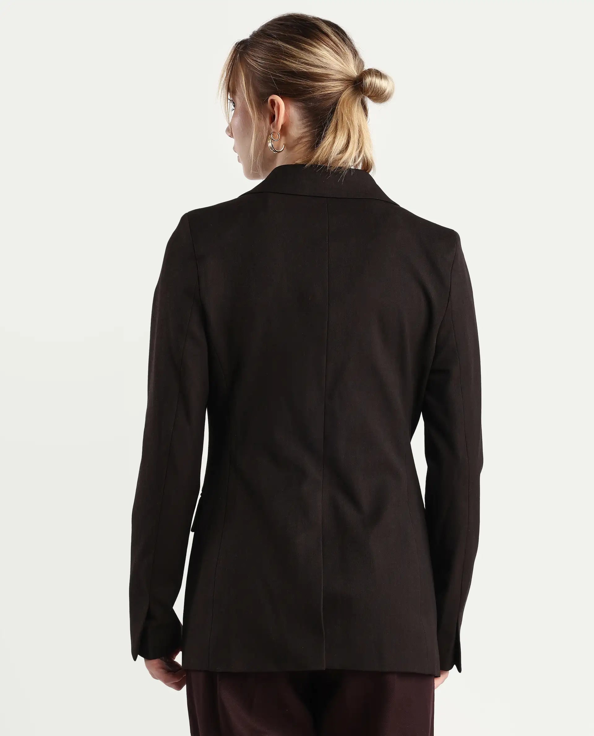 Rareism Women's Reca Dark Brown Polyester Blend Fabric Full Sleeve Lapel Collar Plain Blazer