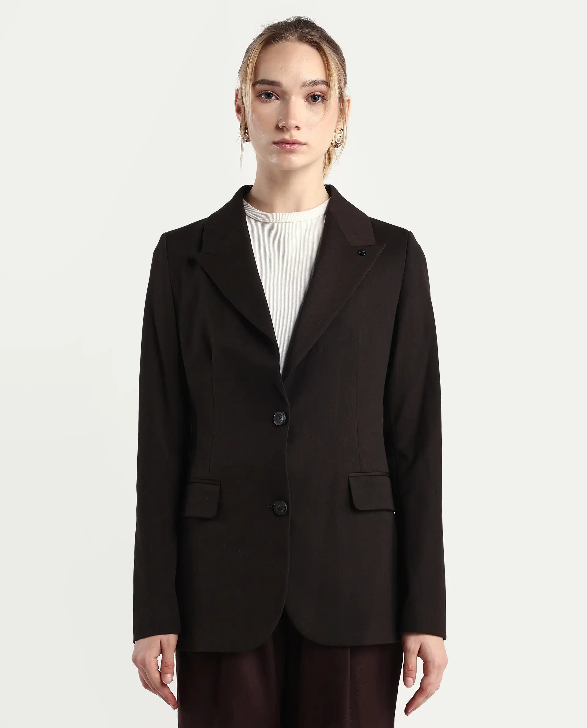 Rareism Women's Reca Dark Brown Polyester Blend Fabric Full Sleeve Lapel Collar Plain Blazer