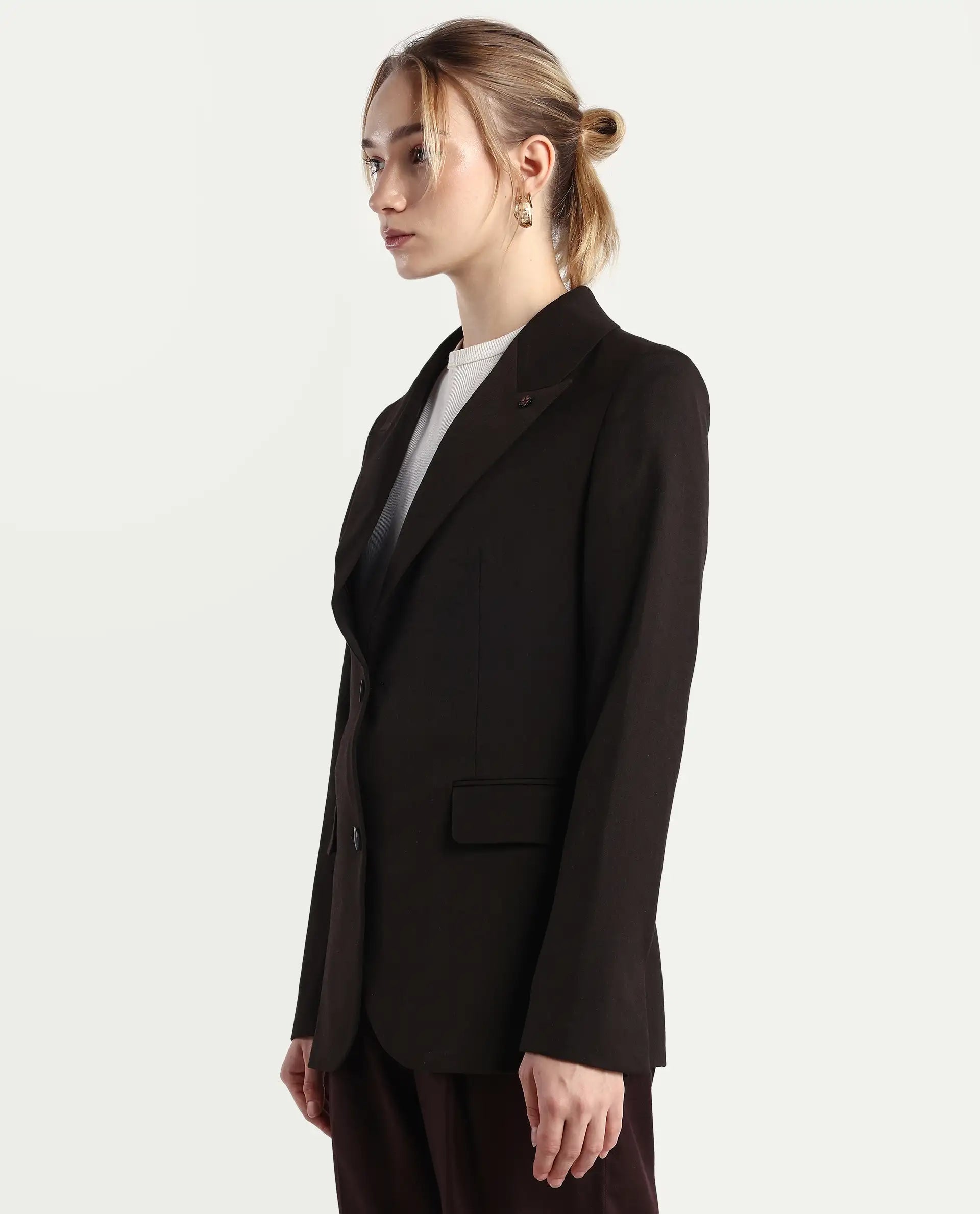 Rareism Women's Reca Dark Brown Polyester Blend Fabric Full Sleeve Lapel Collar Plain Blazer