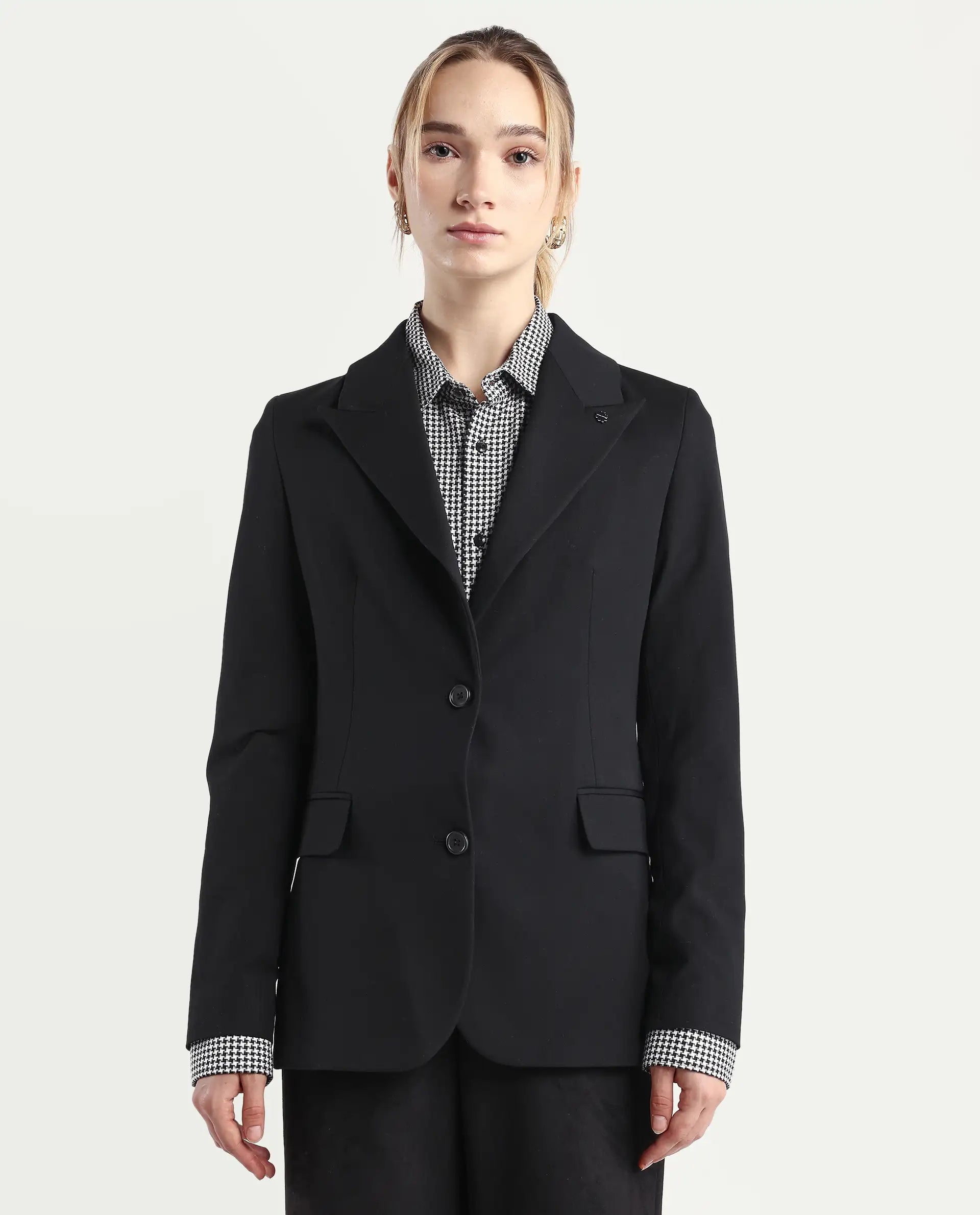 Rareism Women's Reca Black Polyester Blend Full Sleeve Lapel Collar Plain Blazer