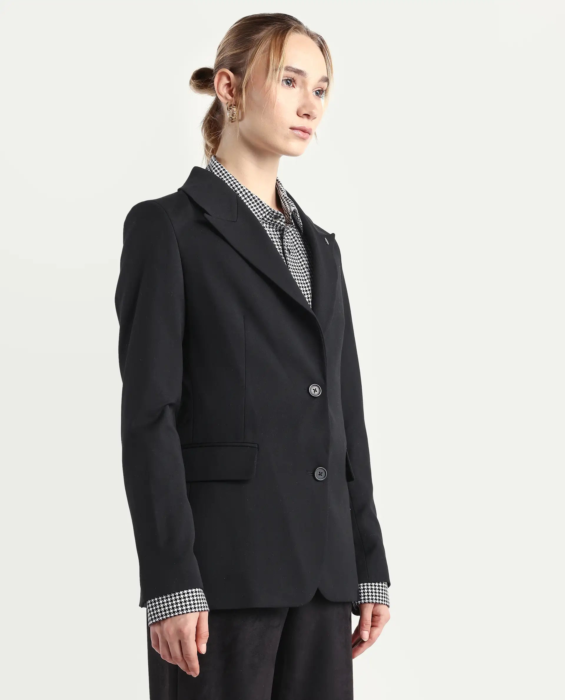 Rareism Women's Reca Black Polyester Blend Full Sleeve Lapel Collar Plain Blazer