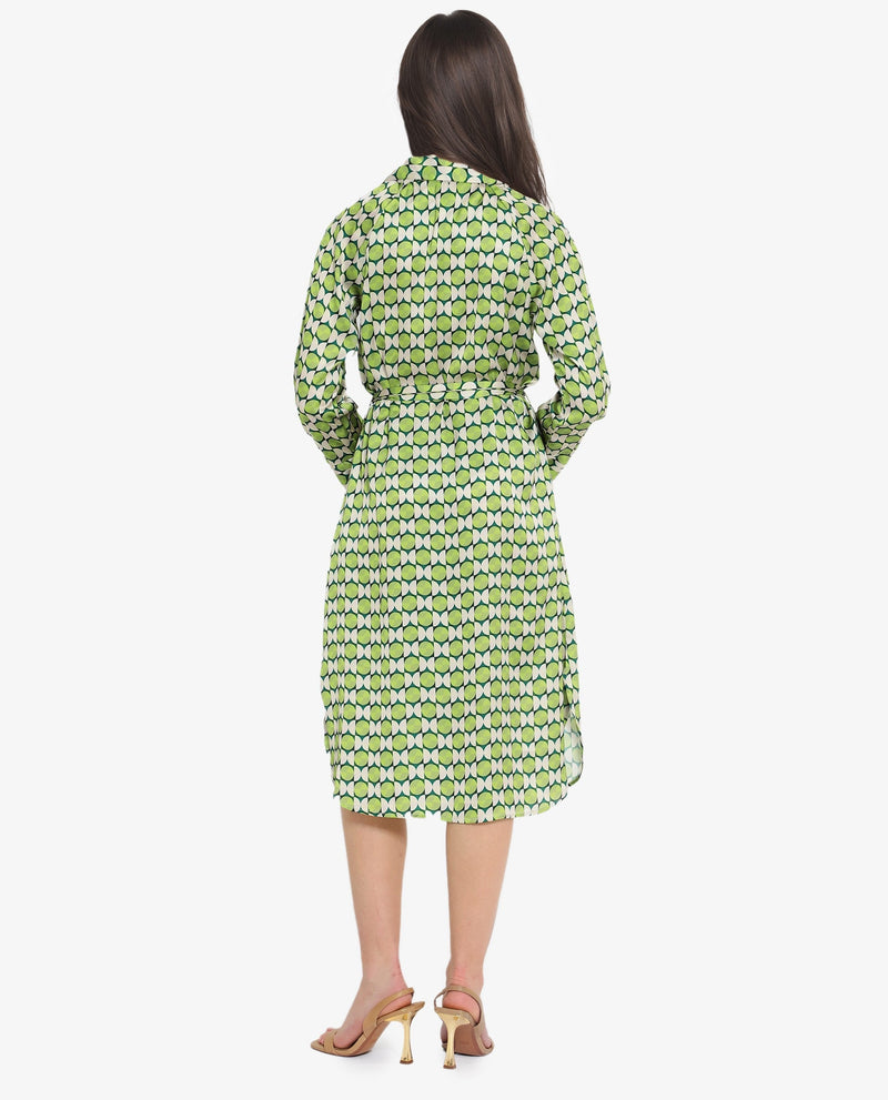 Rareism Women Regis Green Button Closure Raglan Sleeves Collared Neck A-Line Geometric Print Midi Dress