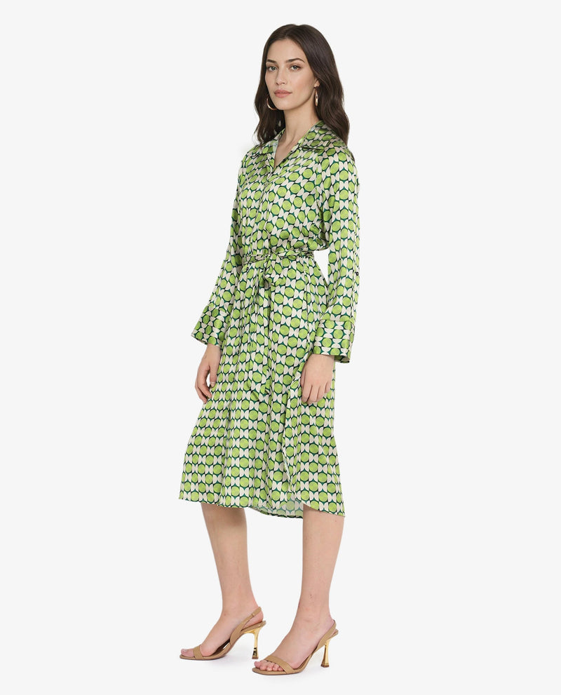 Rareism Women Regis Green Button Closure Raglan Sleeves Collared Neck A-Line Geometric Print Midi Dress