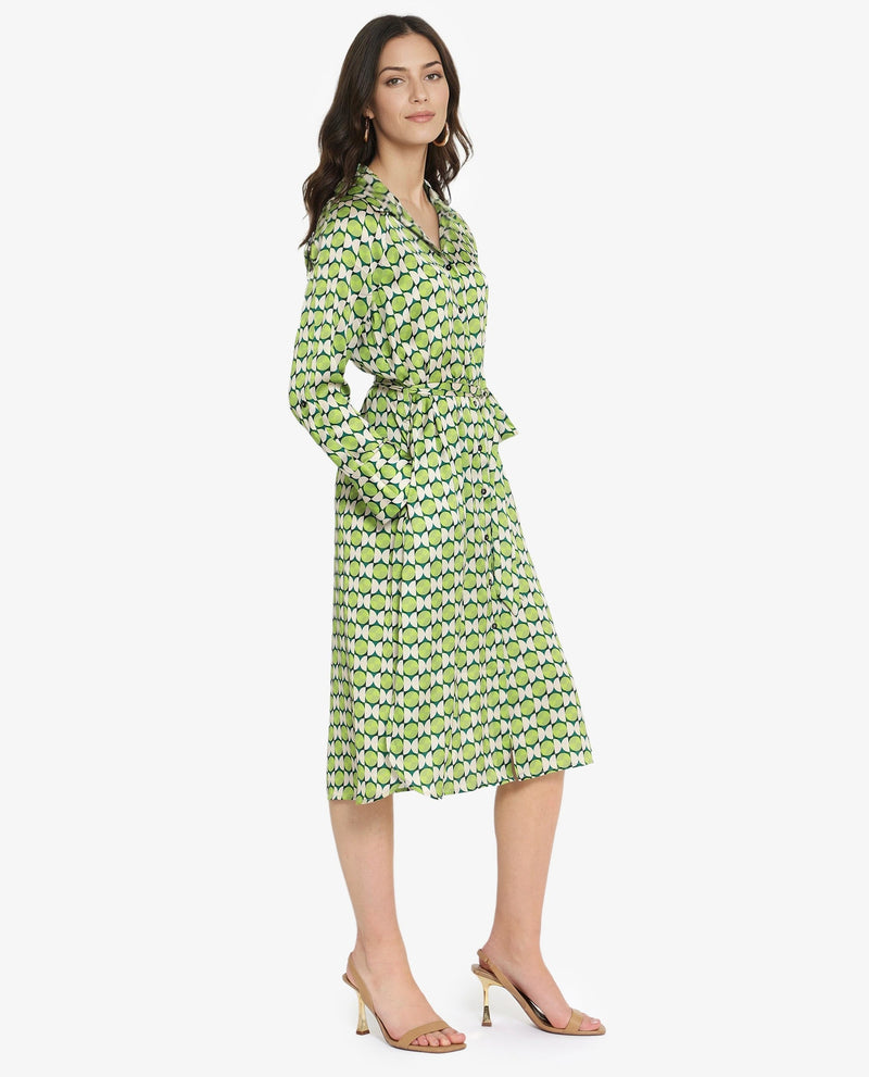 Rareism Women Regis Green Button Closure Raglan Sleeves Collared Neck A-Line Geometric Print Midi Dress