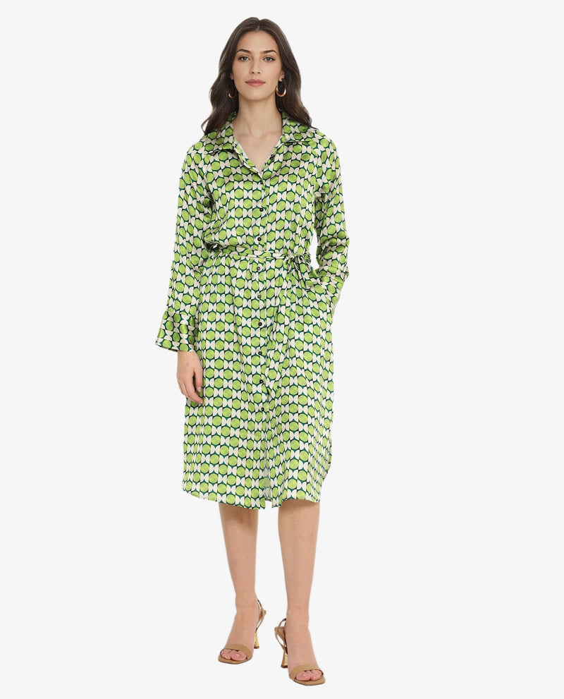 Rareism Women Regis Green Button Closure Raglan Sleeves Collared Neck A-Line Geometric Print Midi Dress