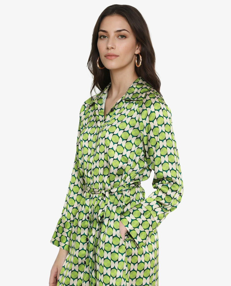 Rareism Women Regis Green Button Closure Raglan Sleeves Collared Neck A-Line Geometric Print Midi Dress