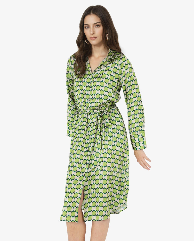 Rareism Women Regis Green Button Closure Raglan Sleeves Collared Neck A-Line Geometric Print Midi Dress