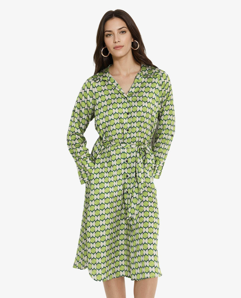 Rareism Women Regis Green Button Closure Raglan Sleeves Collared Neck A-Line Geometric Print Midi Dress