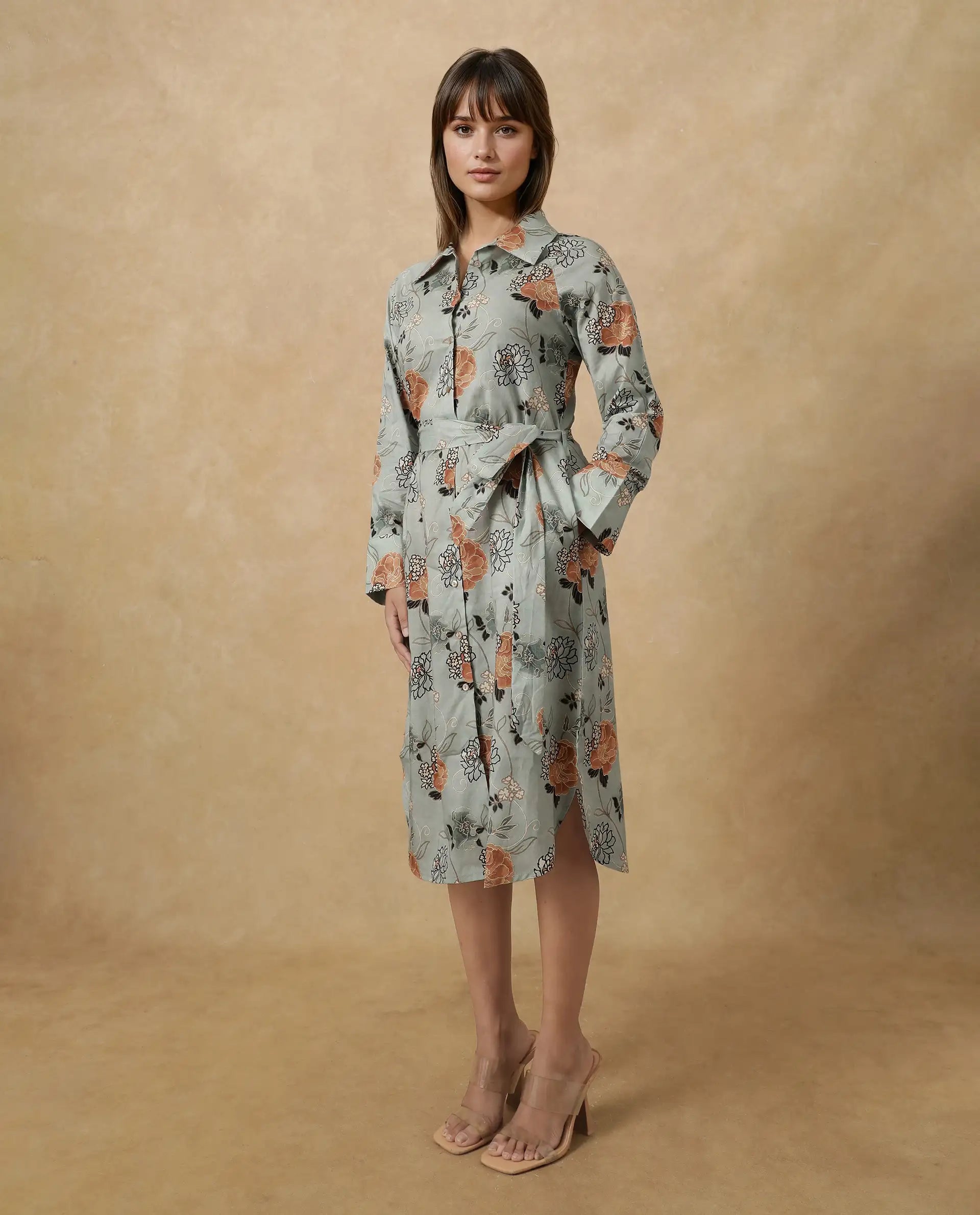 Rareism Women's Regnio Multi Cotton Drop Collar Floral Print Raglan Sleeve Midi A-Line Dress