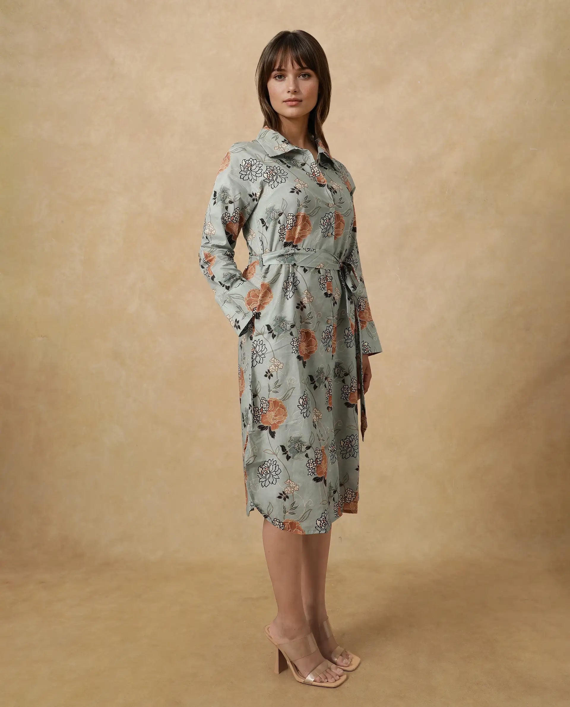 Rareism Women's Regnio Multi Cotton Drop Collar Floral Print Raglan Sleeve Midi A-Line Dress