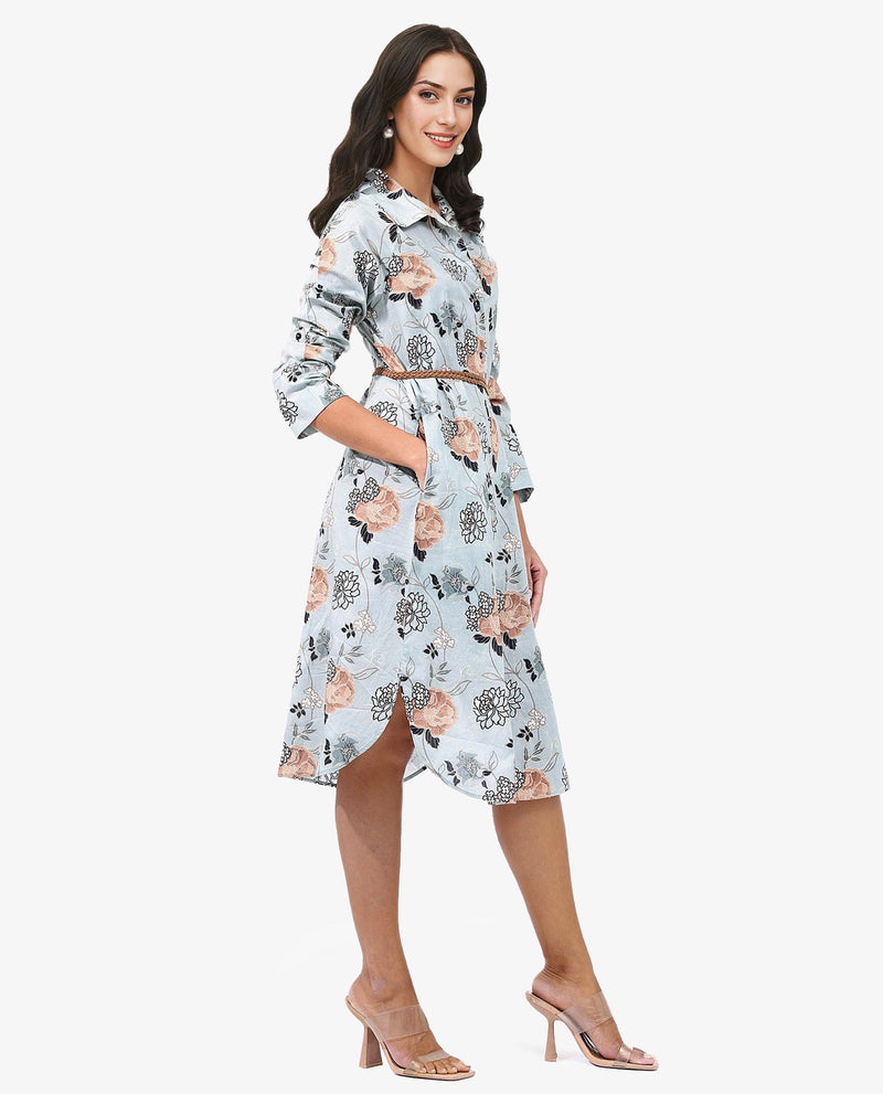 Rareism Women Regnio Multi Button Closure Raglan Sleeves Collared Neck A-Line Floral Print Midi Dress