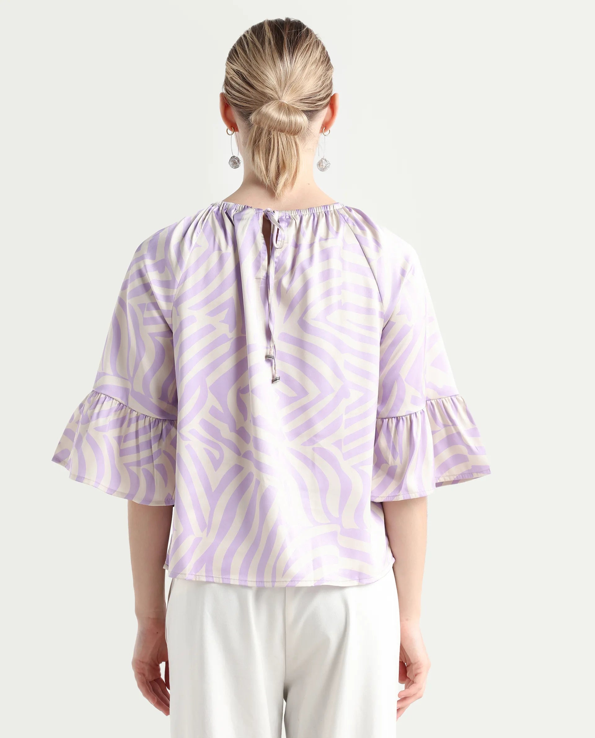 Rareism Women's Reila Pastel Purple Polyester Boat Neck Geometric Print Raglan Sleeve Relaxed Fit Top