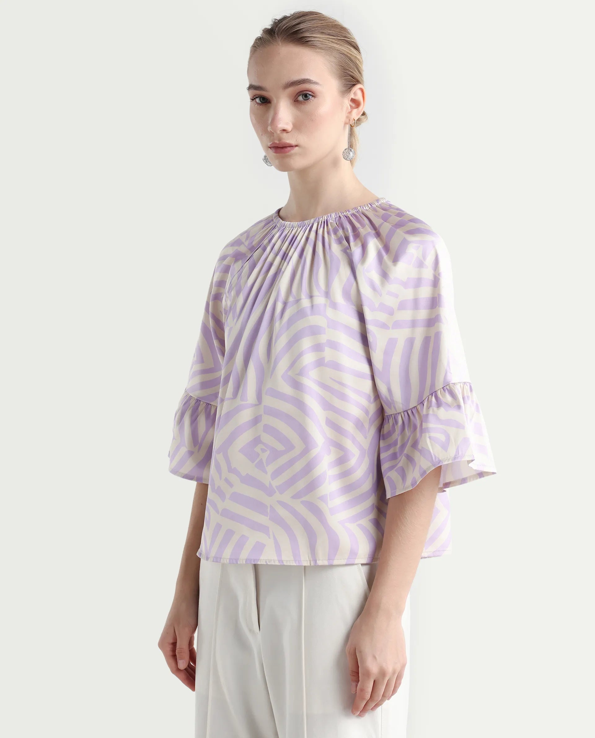 Rareism Women's Reila Pastel Purple Polyester Boat Neck Geometric Print Raglan Sleeve Relaxed Fit Top