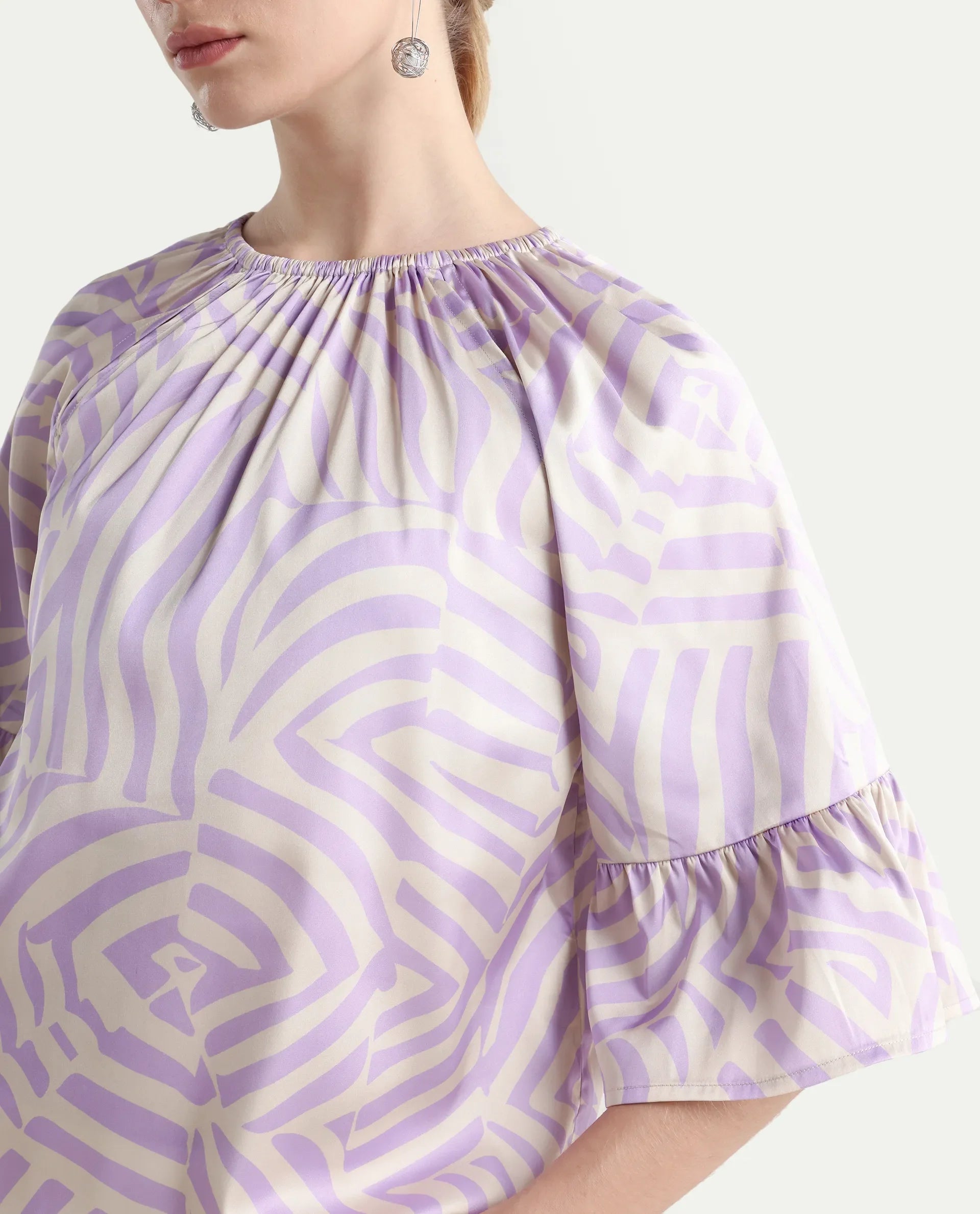 Rareism Women's Reila Pastel Purple Polyester Boat Neck Geometric Print Raglan Sleeve Relaxed Fit Top