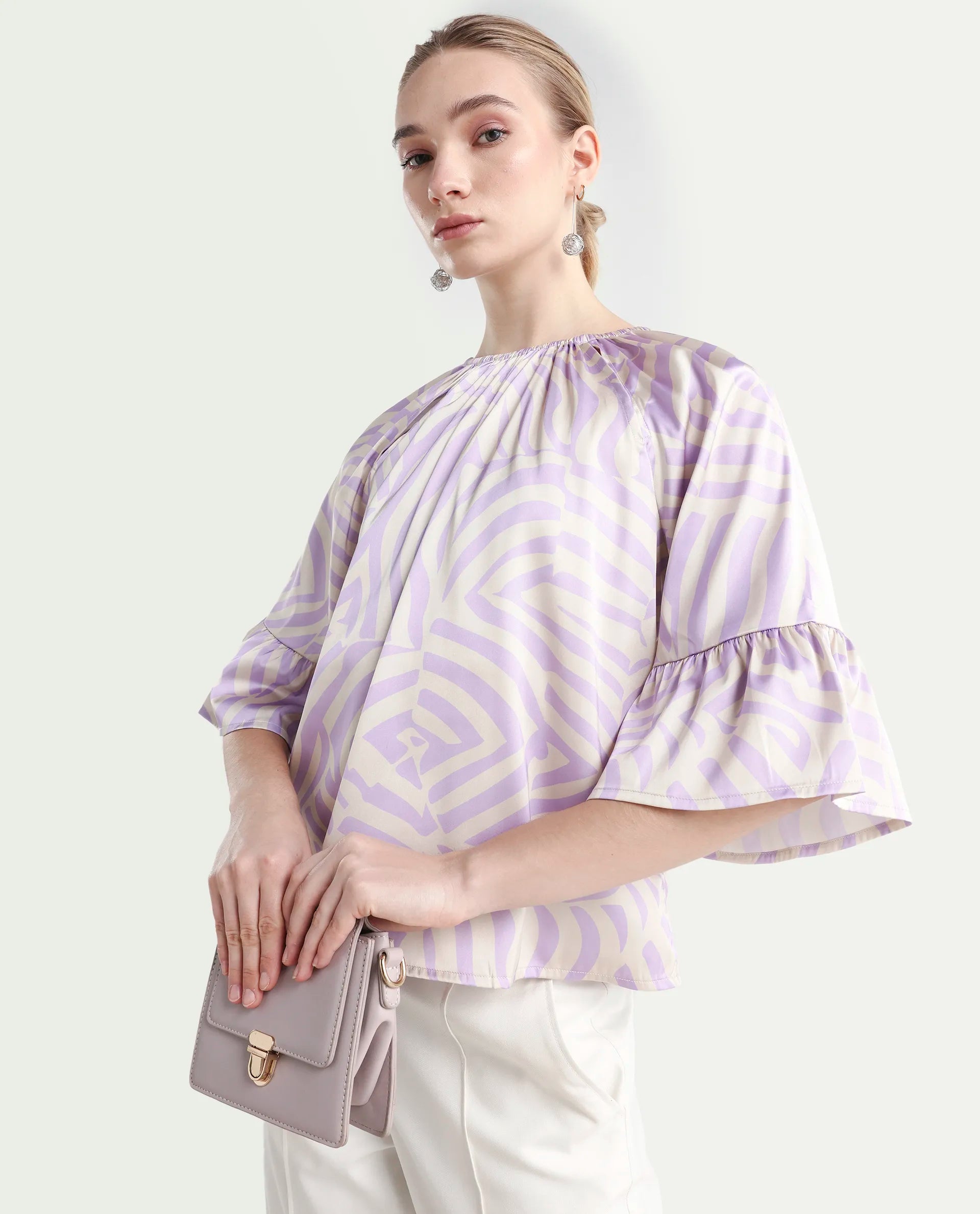 Rareism Women's Reila Pastel Purple Polyester Boat Neck Geometric Print Raglan Sleeve Relaxed Fit Top