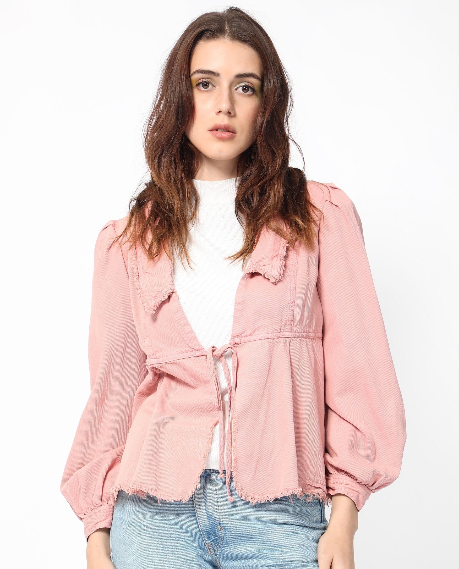 Rareism Women Reism Light Pink Cotton Blend Fabric Full Sleeves Tie-Up Closure Lapel Neck Boxy Fit Plain Shrug