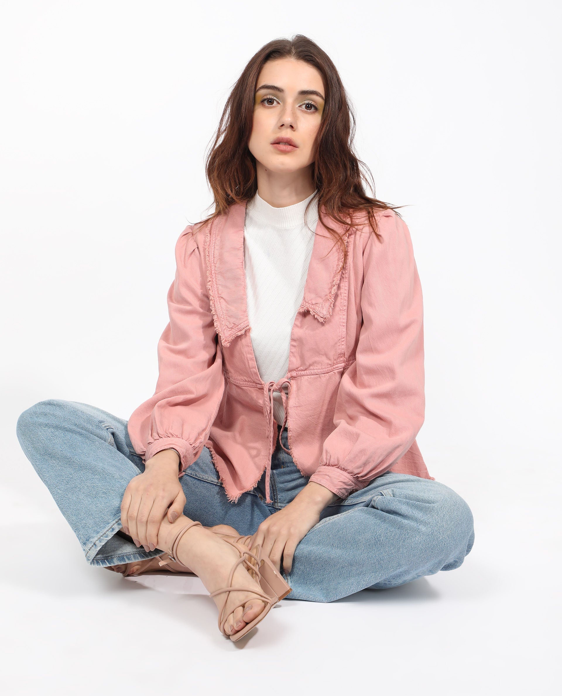 Rareism Women Reism Light Pink Cotton Blend Fabric Full Sleeves Tie-Up Closure Lapel Neck Boxy Fit Plain Shrug