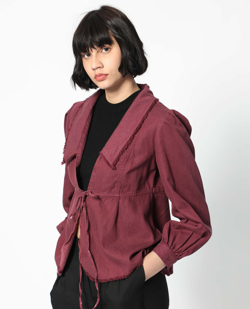 Rareism Women Reism Dark Maroon Cotton Blend Fabric Full Sleeves Solid Lapel Neck Shrug