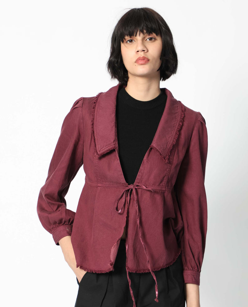 Rareism Women Reism Dark Maroon Cotton Blend Fabric Full Sleeves Solid Lapel Neck Shrug