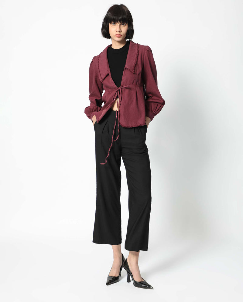 Rareism Women Reism Dark Maroon Cotton Blend Fabric Full Sleeves Solid Lapel Neck Shrug