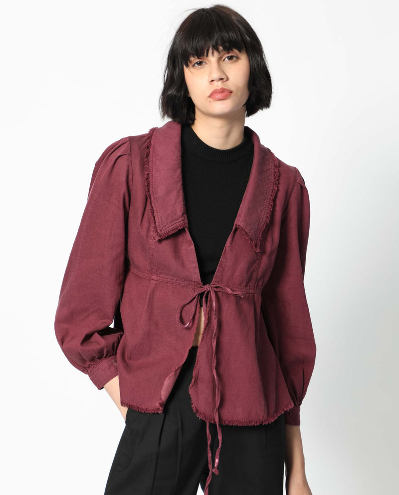 Rareism Women Reism Dark Maroon Cotton Blend Fabric Full Sleeves Solid Lapel Neck Shrug