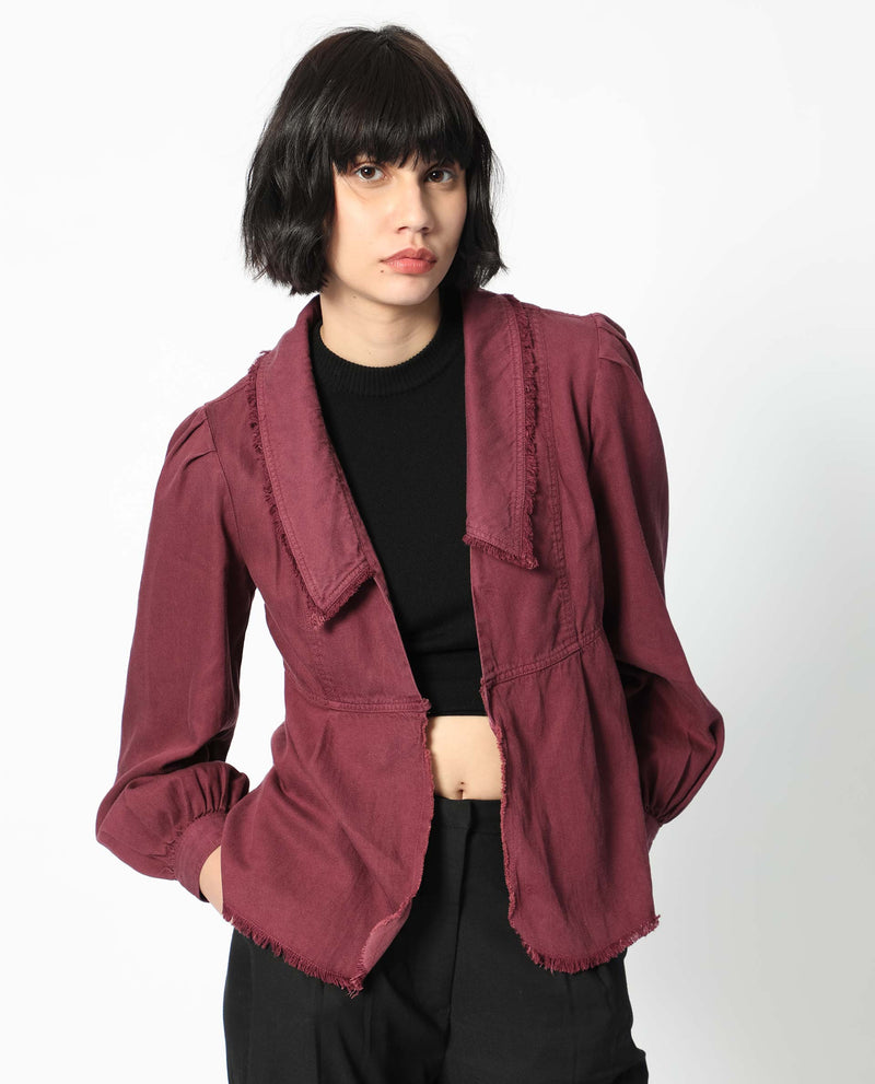 Rareism Women Reism Dark Maroon Cotton Blend Fabric Full Sleeves Solid Lapel Neck Shrug