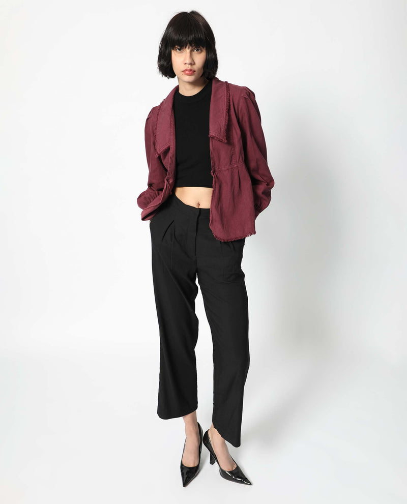 Rareism Women Reism Dark Maroon Cotton Blend Fabric Full Sleeves Solid Lapel Neck Shrug