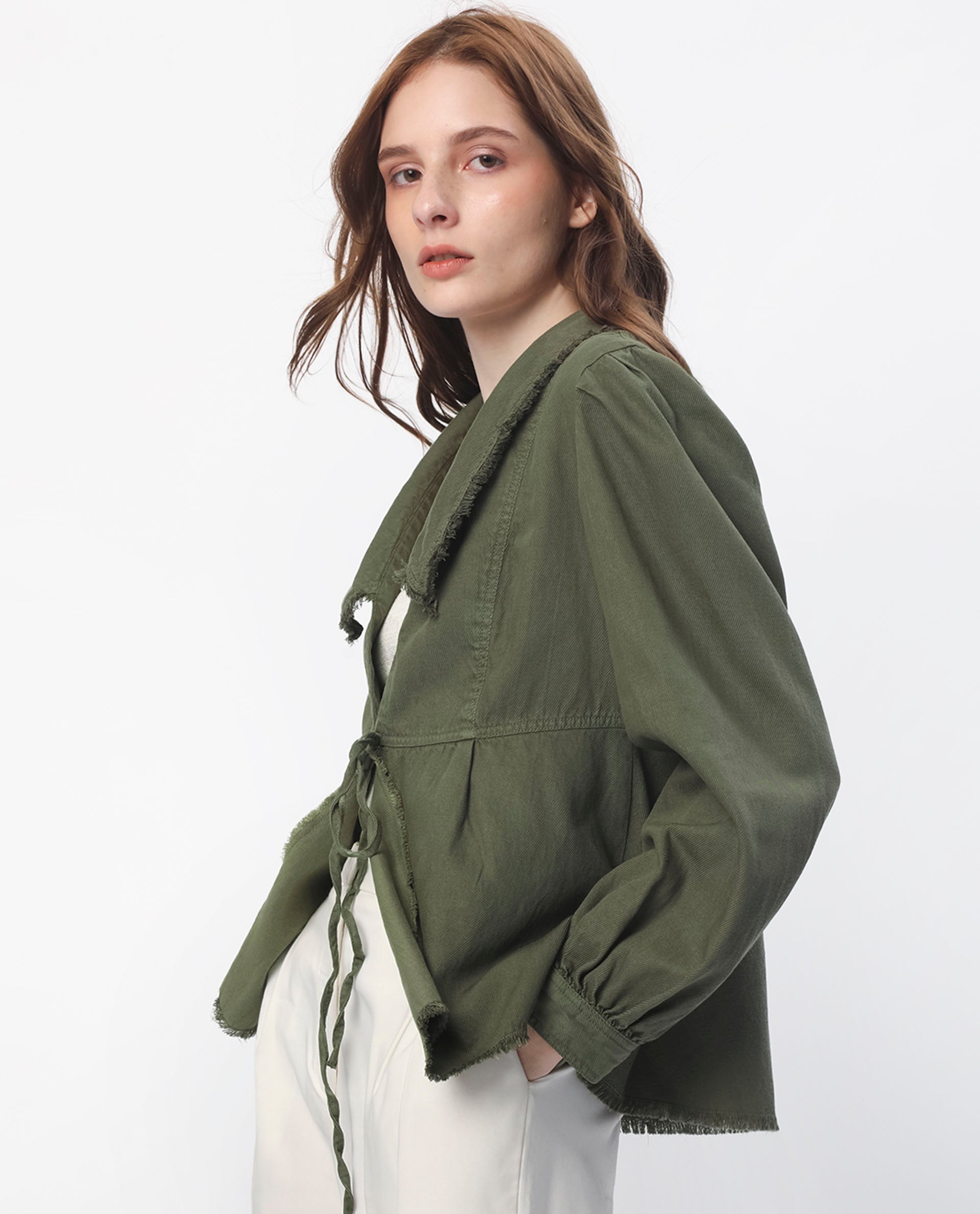 Rareism Women Reism Dark Olive Cotton Blend Fabric Full Sleeves Solid Lapel Neck Shrug