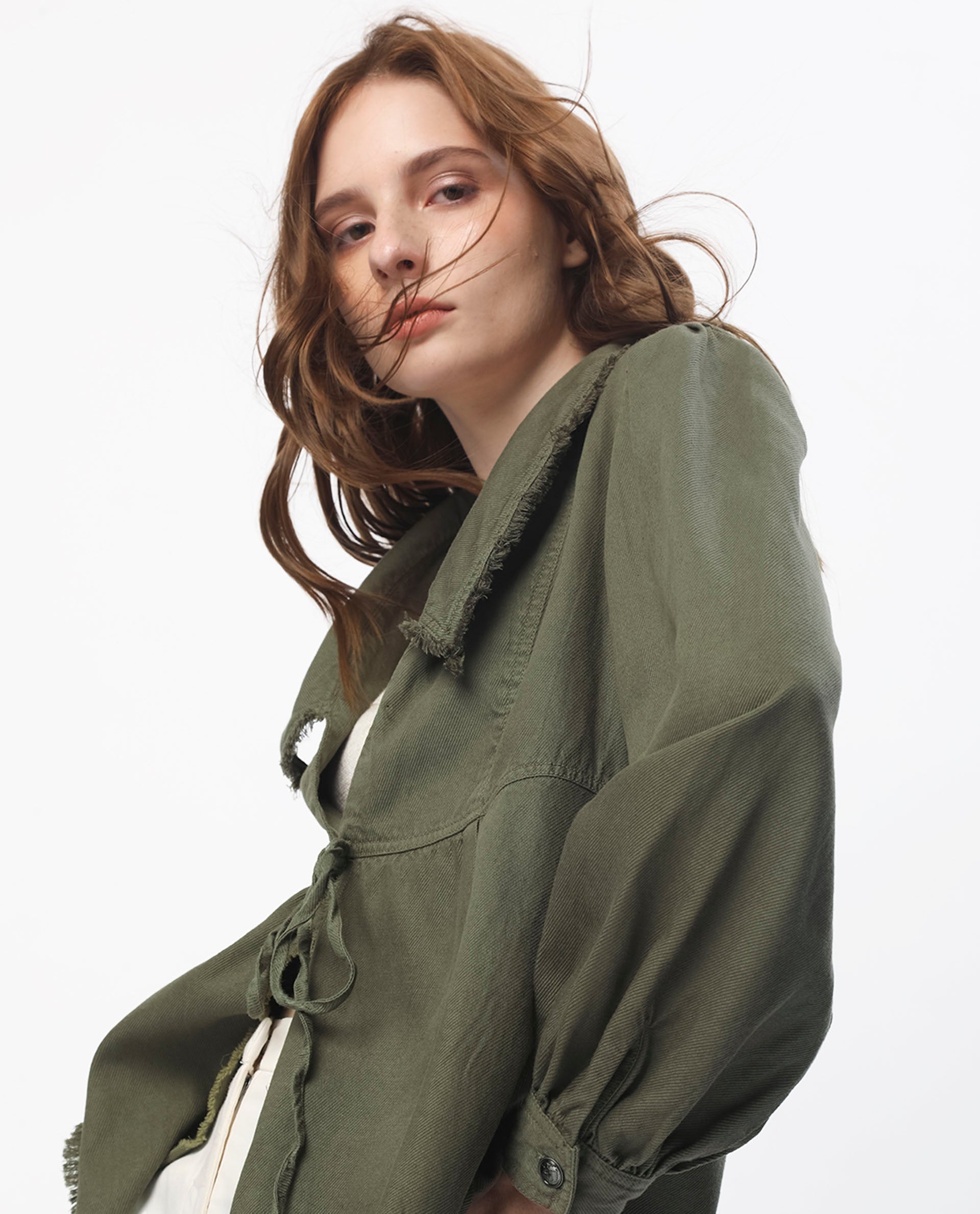 Rareism Women Reism Dark Olive Cotton Blend Fabric Full Sleeves Solid Lapel Neck Shrug