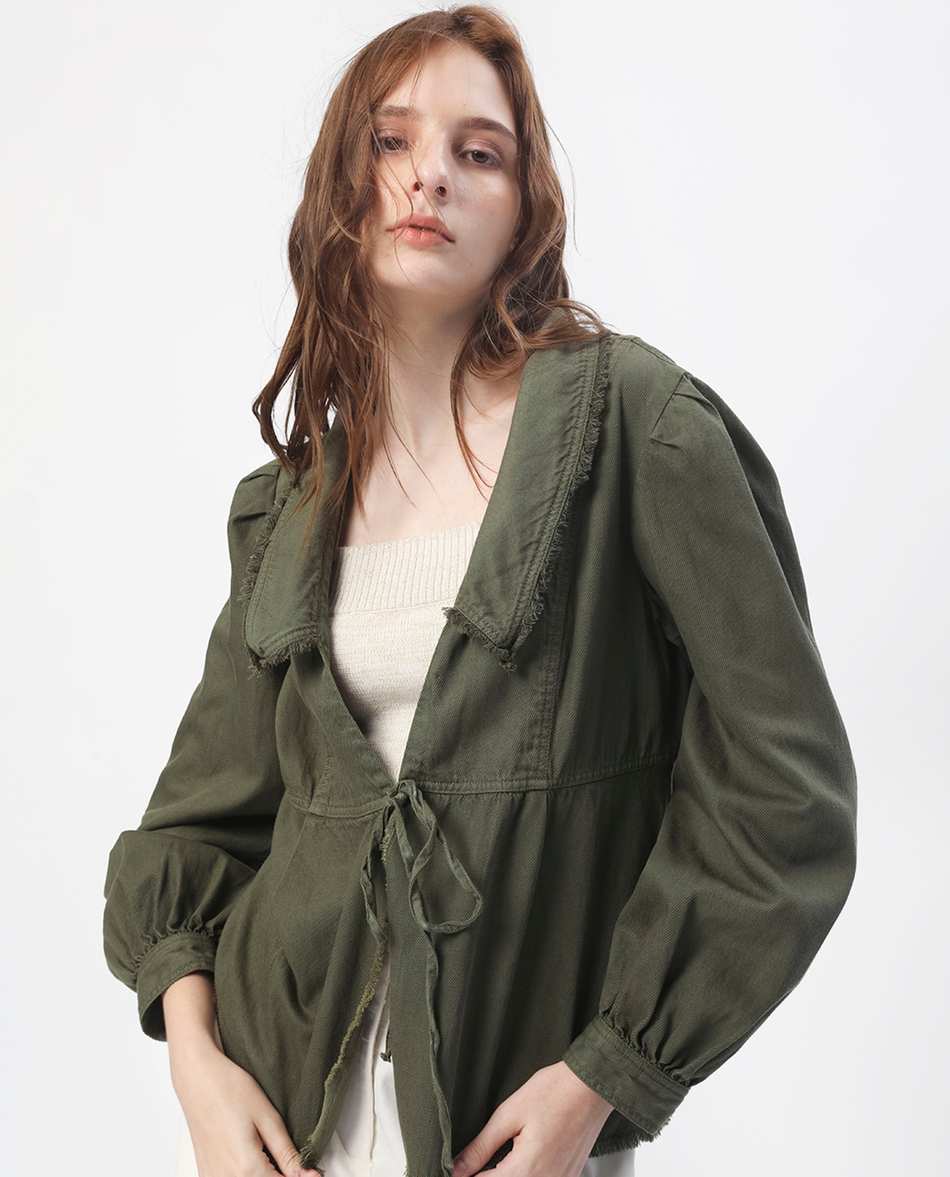Rareism Women Reism Dark Olive Cotton Blend Fabric Full Sleeves Solid Lapel Neck Shrug