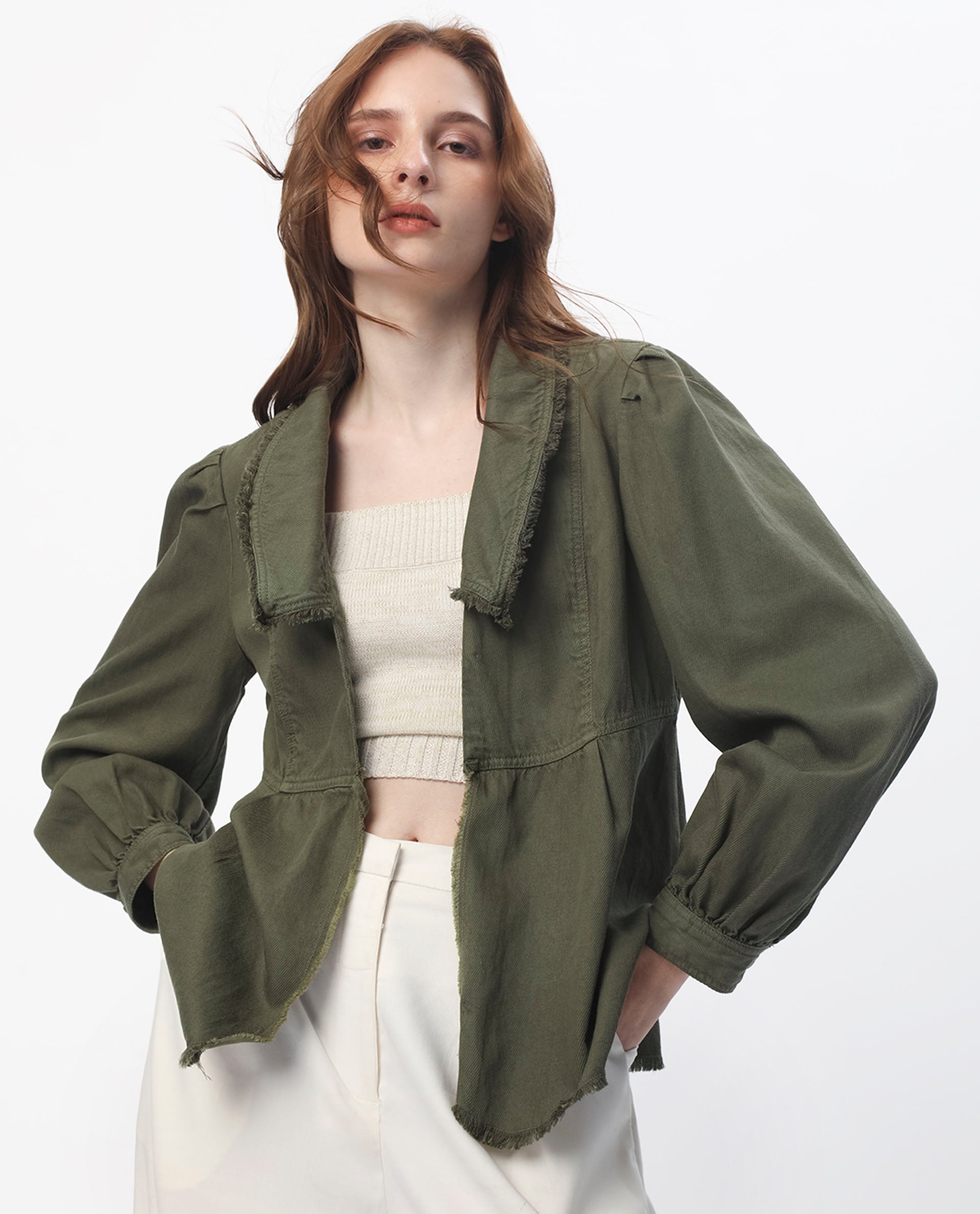 Rareism Women Reism Dark Olive Cotton Blend Fabric Full Sleeves Solid Lapel Neck Shrug