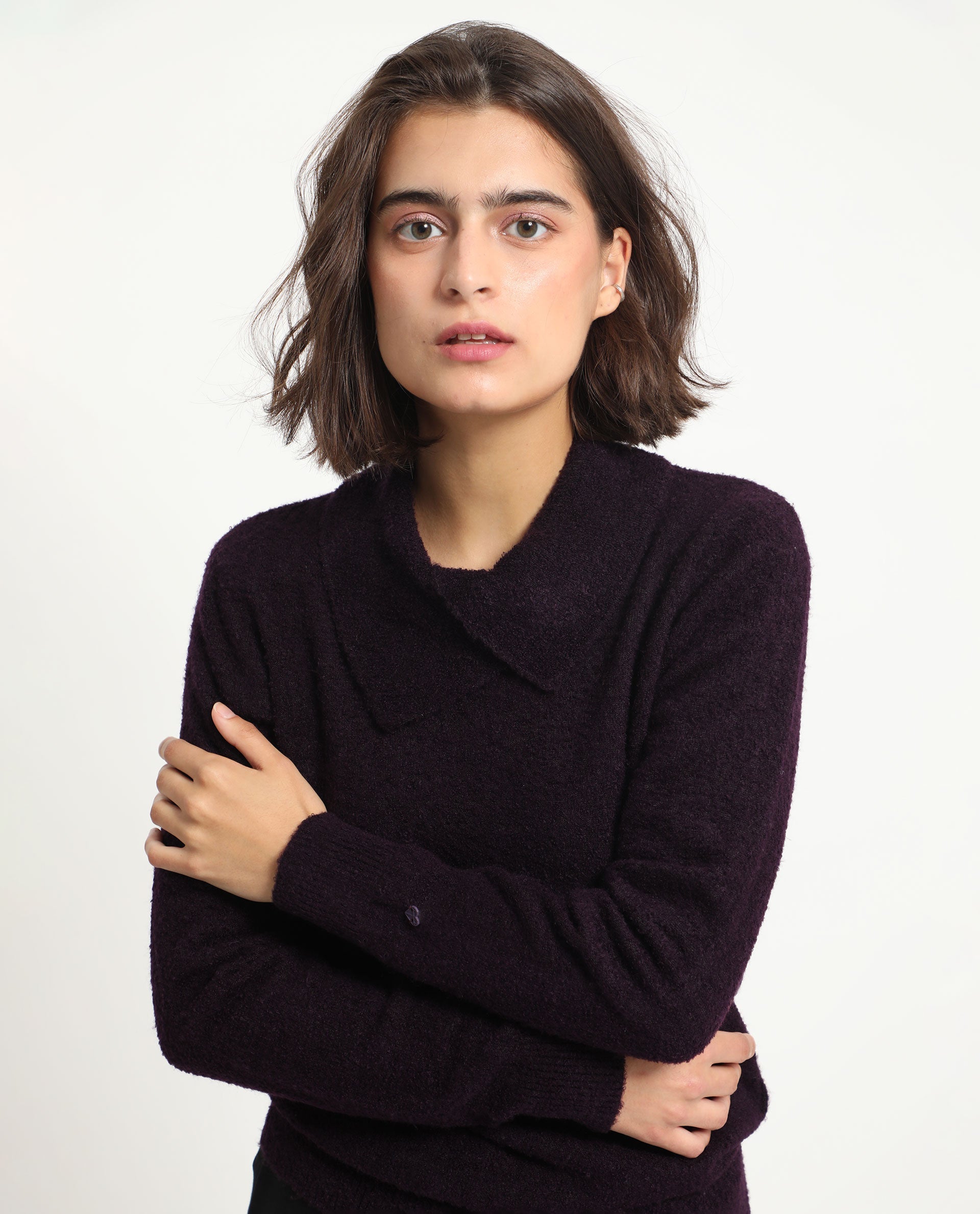 Rareism Women Reni Dark Purple Acrylic Fabric Full Sleeves Regular Fit Solid Drop Collar Sweater