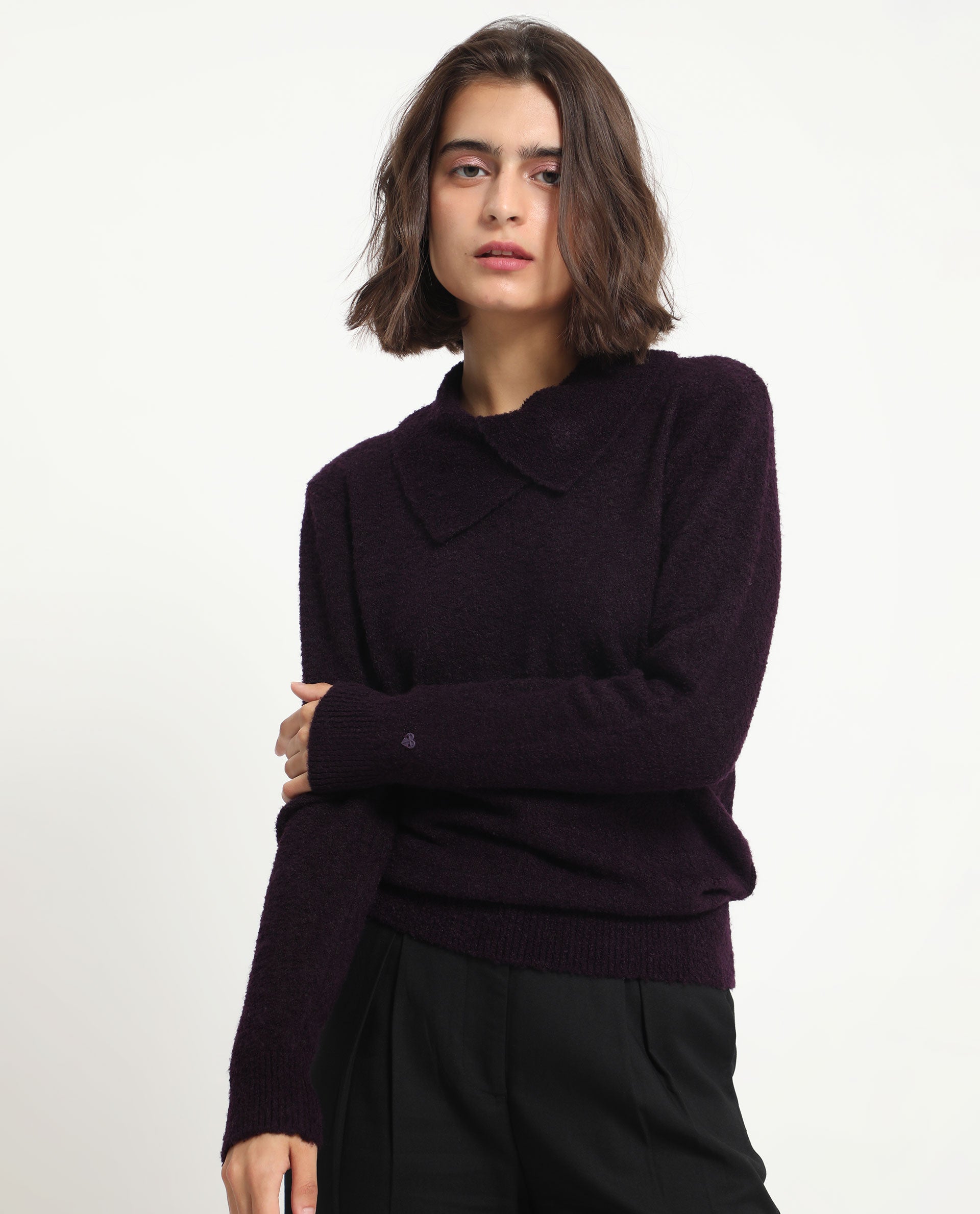 Rareism Women Reni Dark Purple Acrylic Fabric Full Sleeves Regular Fit Solid Drop Collar Sweater
