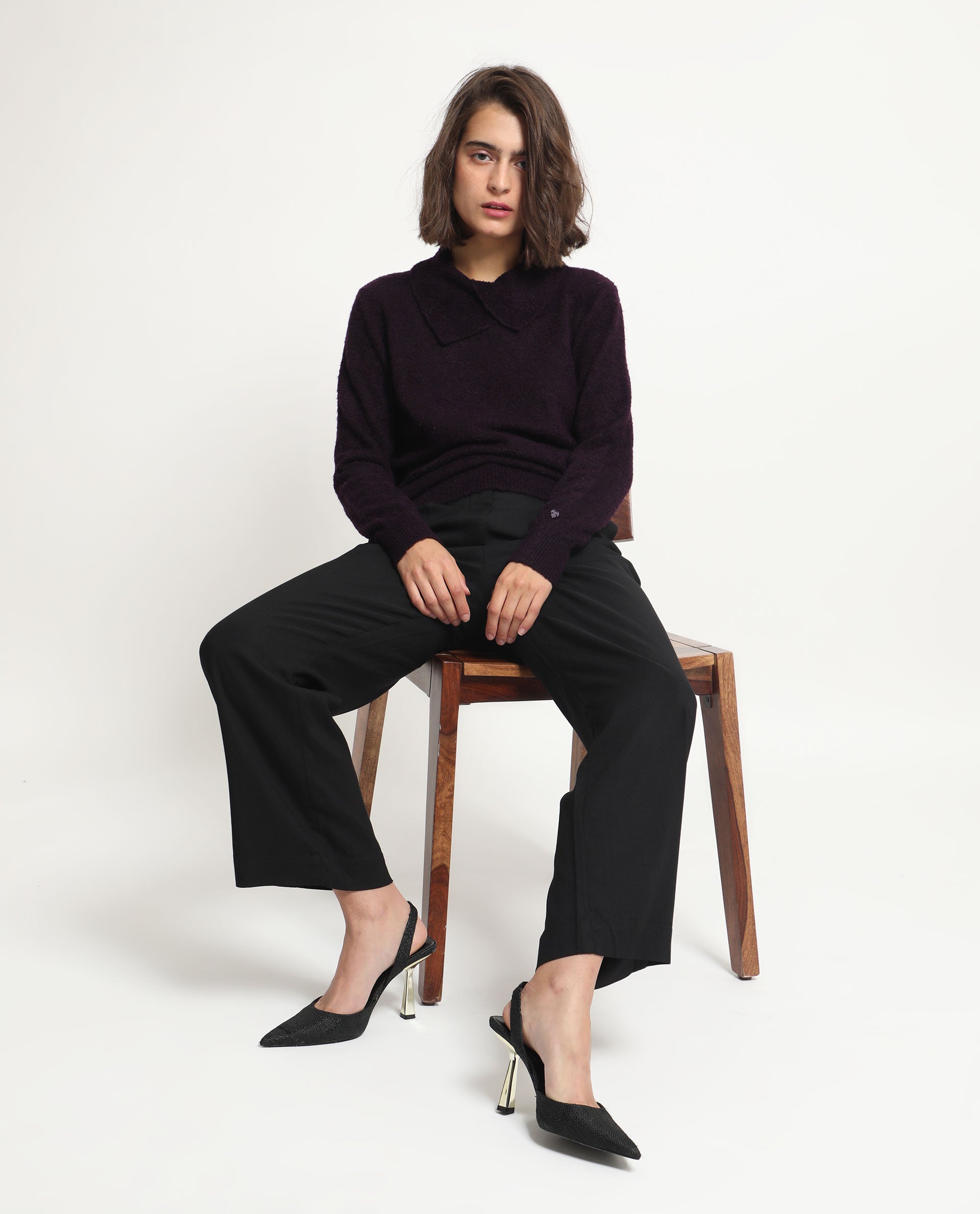 Rareism Women Reni Dark Purple Acrylic Fabric Full Sleeves Regular Fit Solid Drop Collar Sweater