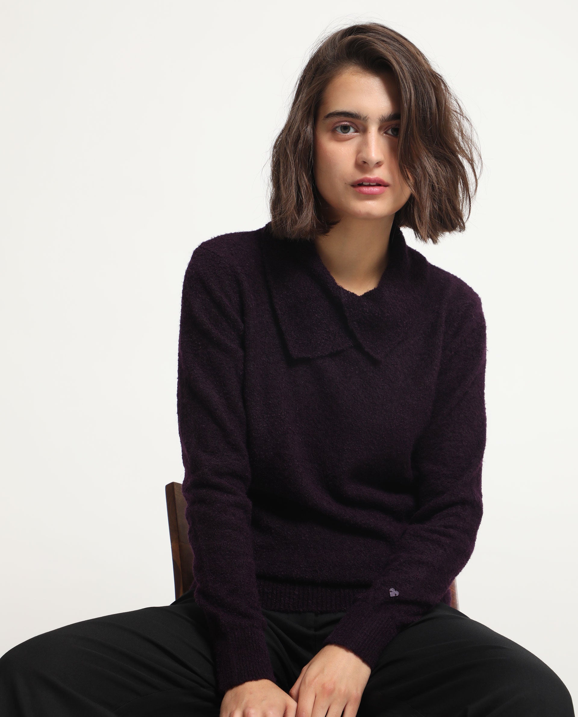 Rareism Women Reni Dark Purple Acrylic Fabric Full Sleeves Regular Fit Solid Drop Collar Sweater