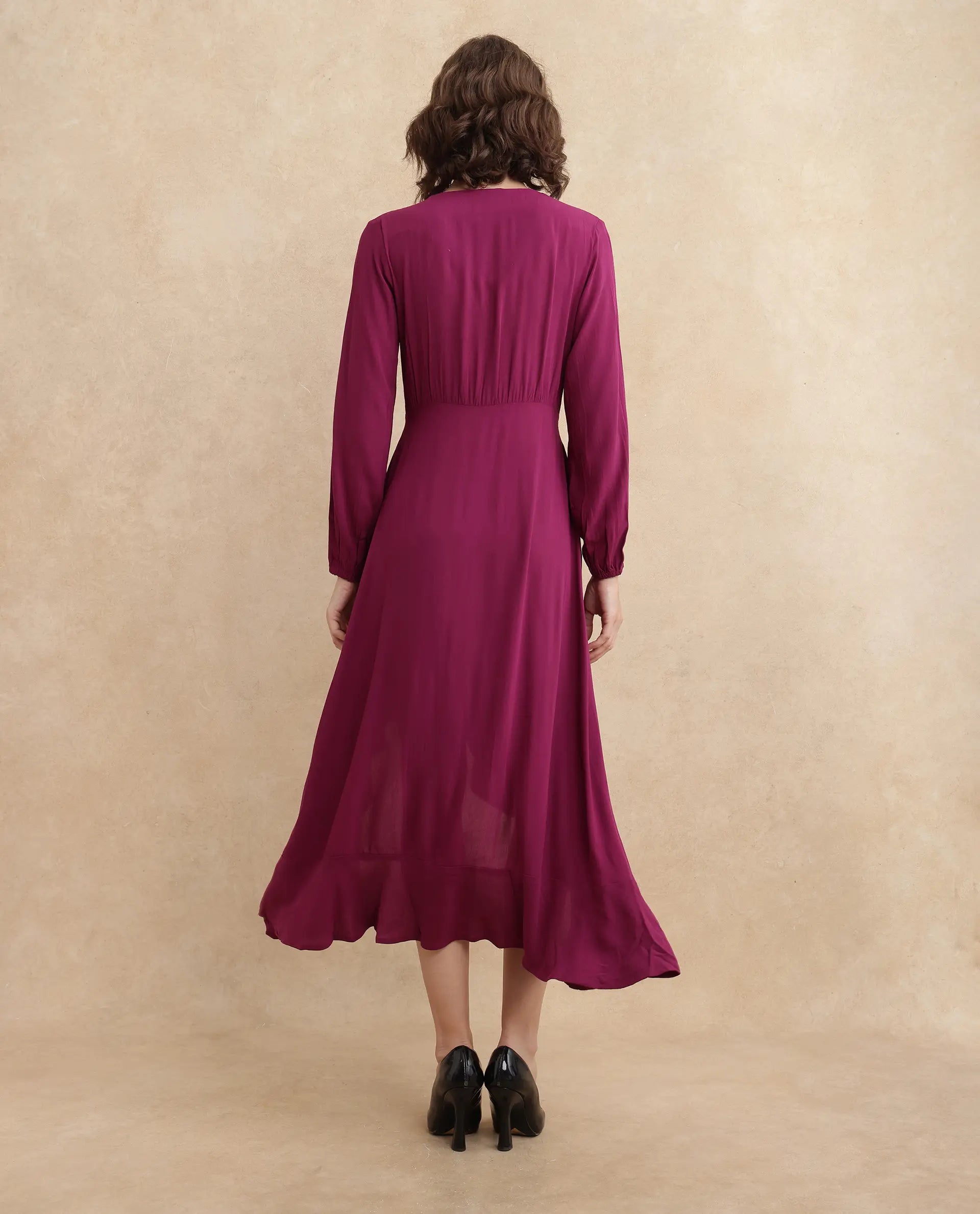 Rareism Women's Rens Dark Maroon  Overlap Neck Slip-On Closure Puff Sleeve Plain Fit And Flare Maxi Dress