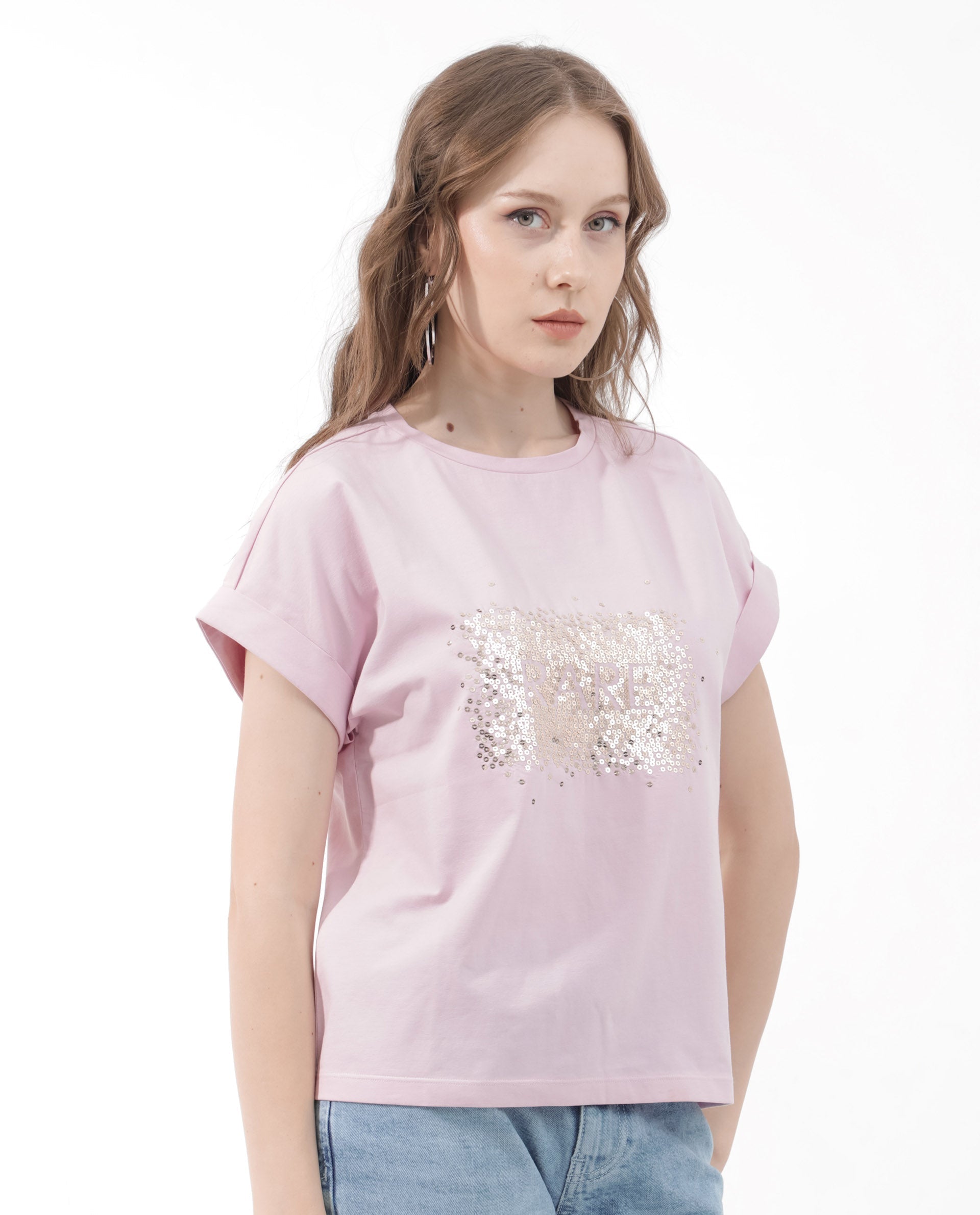 Rareism Women Rento Pink Cotton Elastane Fabric Crew Neck Knit Solid T-Shirt