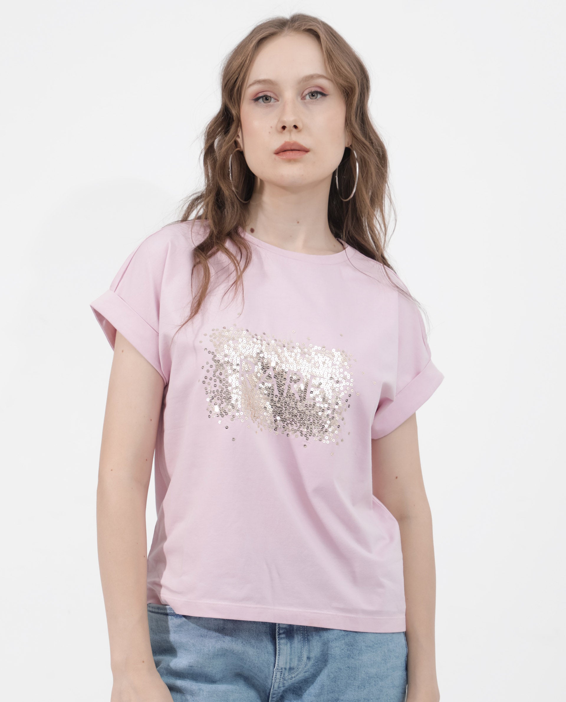 Rareism Women Rento Pink Cotton Elastane Fabric Crew Neck Knit Solid T-Shirt