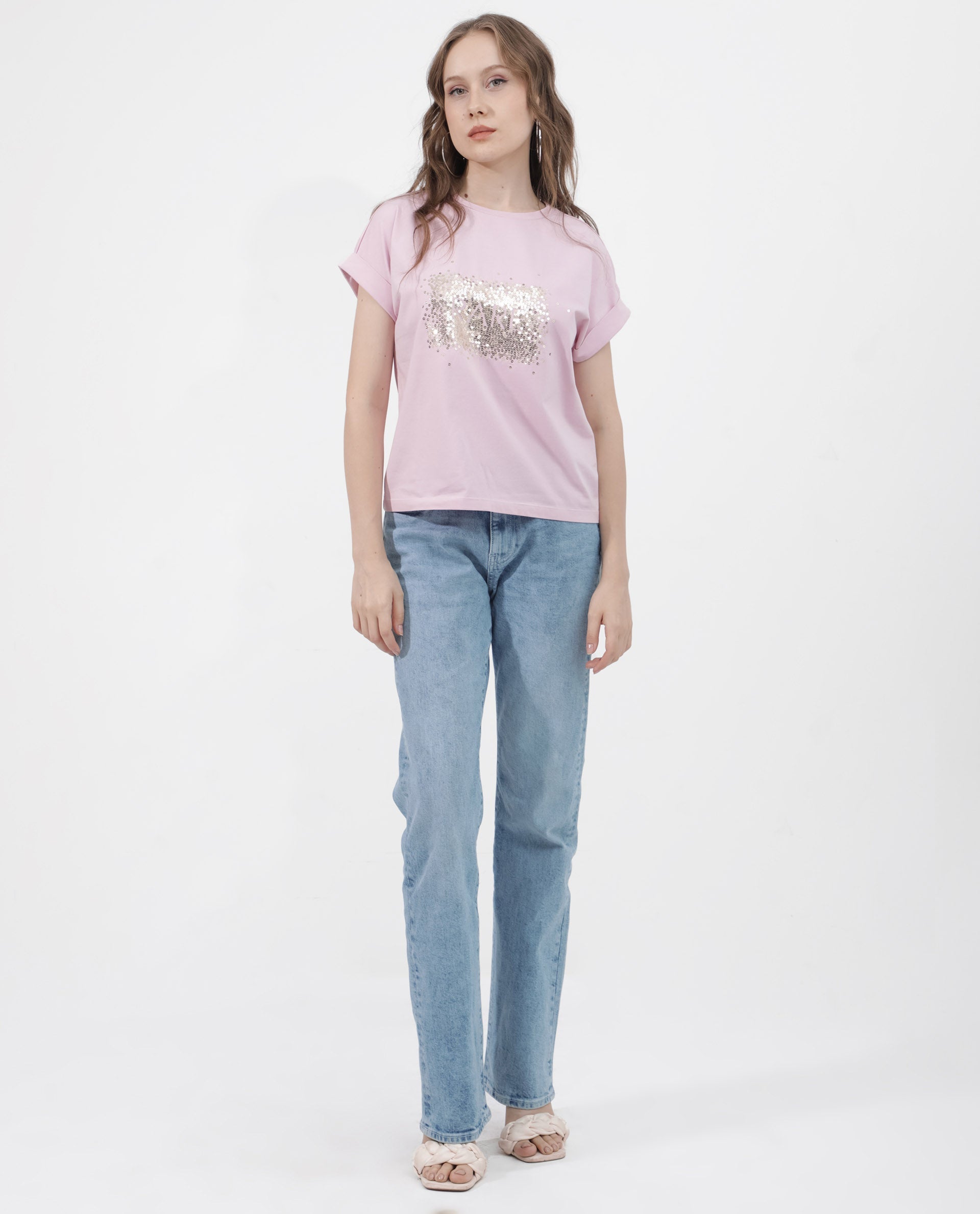Rareism Women Rento Pink Cotton Elastane Fabric Crew Neck Knit Solid T-Shirt