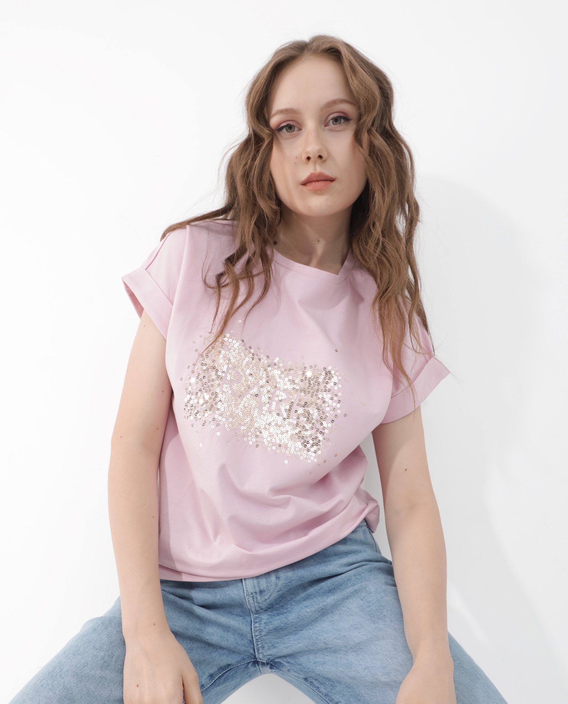 Rareism Women Rento Pink Cotton Elastane Fabric Crew Neck Knit Solid T-Shirt