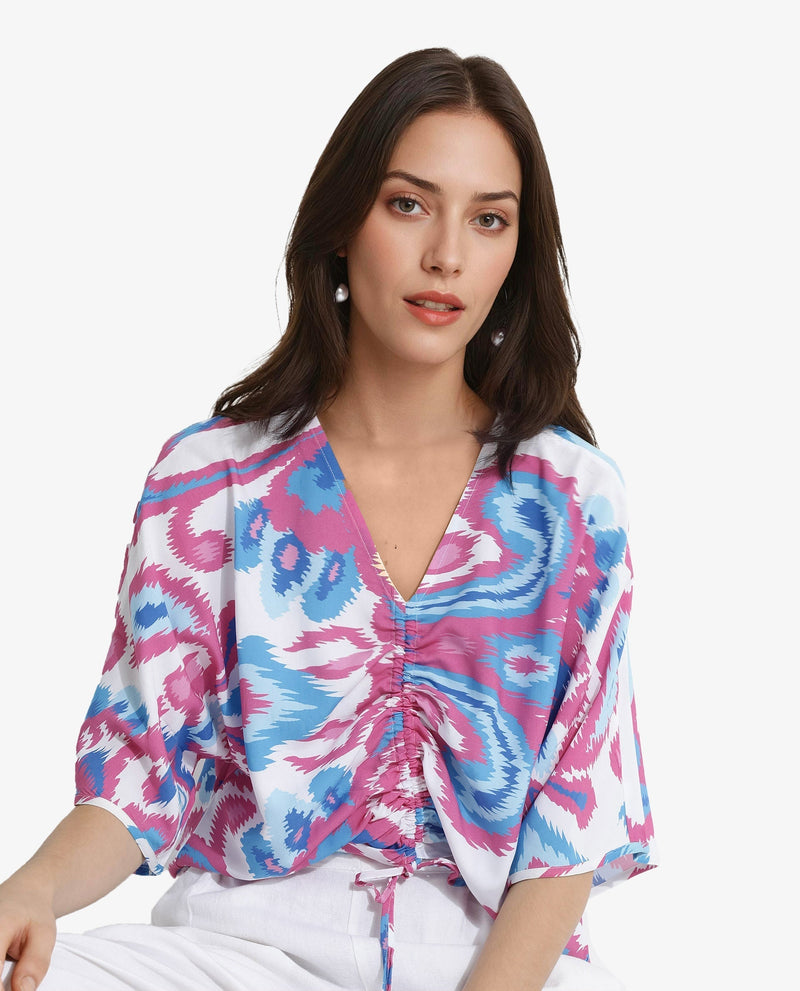 Rareism Women Repio-T Pastel Multi Extended Sleeves V-Neck Relaxed Fit Abstract Print Top