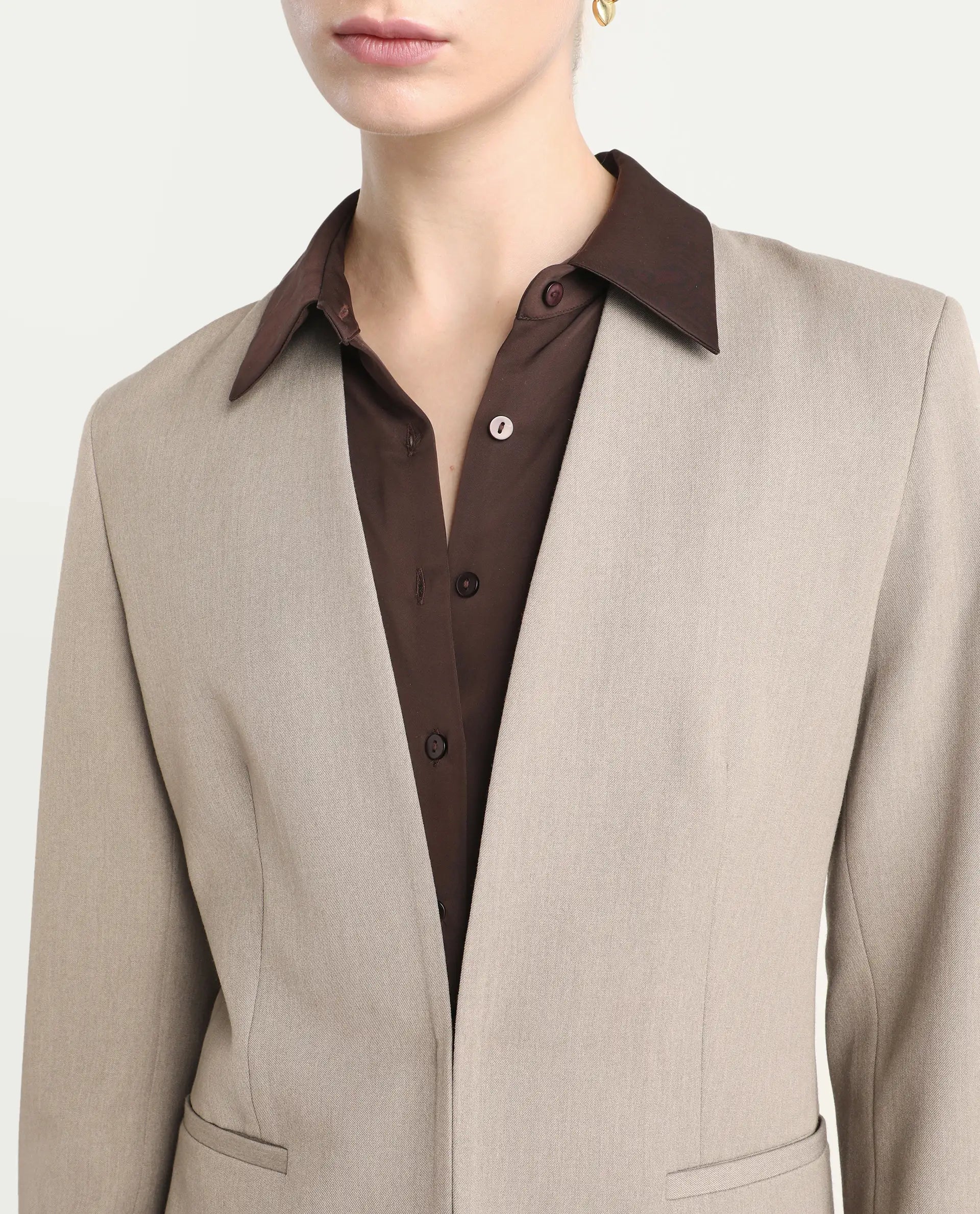 Rareism Women's Resha Fawn Polyester Fabric Full Sleeve Plain Blazer