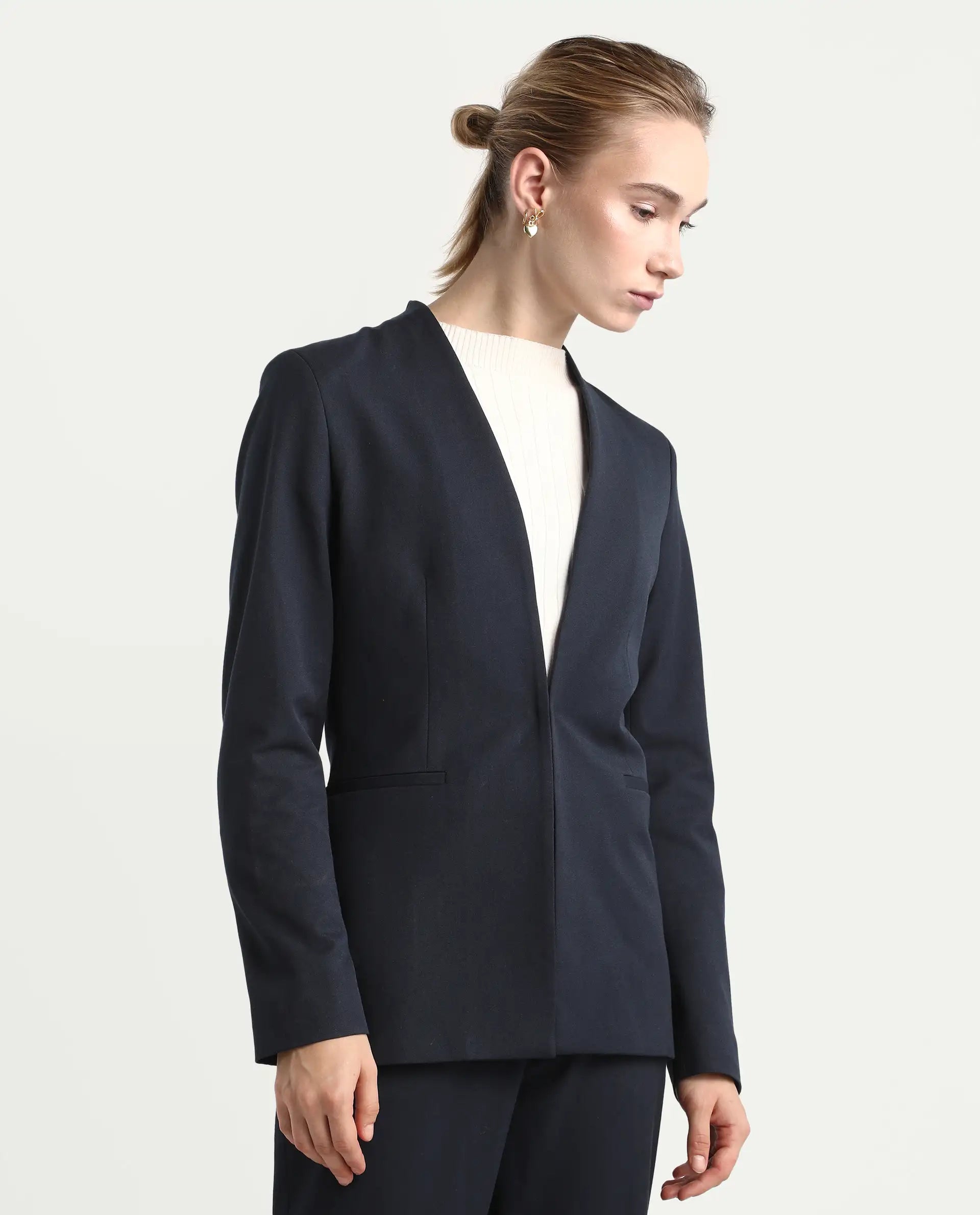 Rareism Women's Resha Navy Polyester Blend Fabric Full Sleeve Plain Blazer