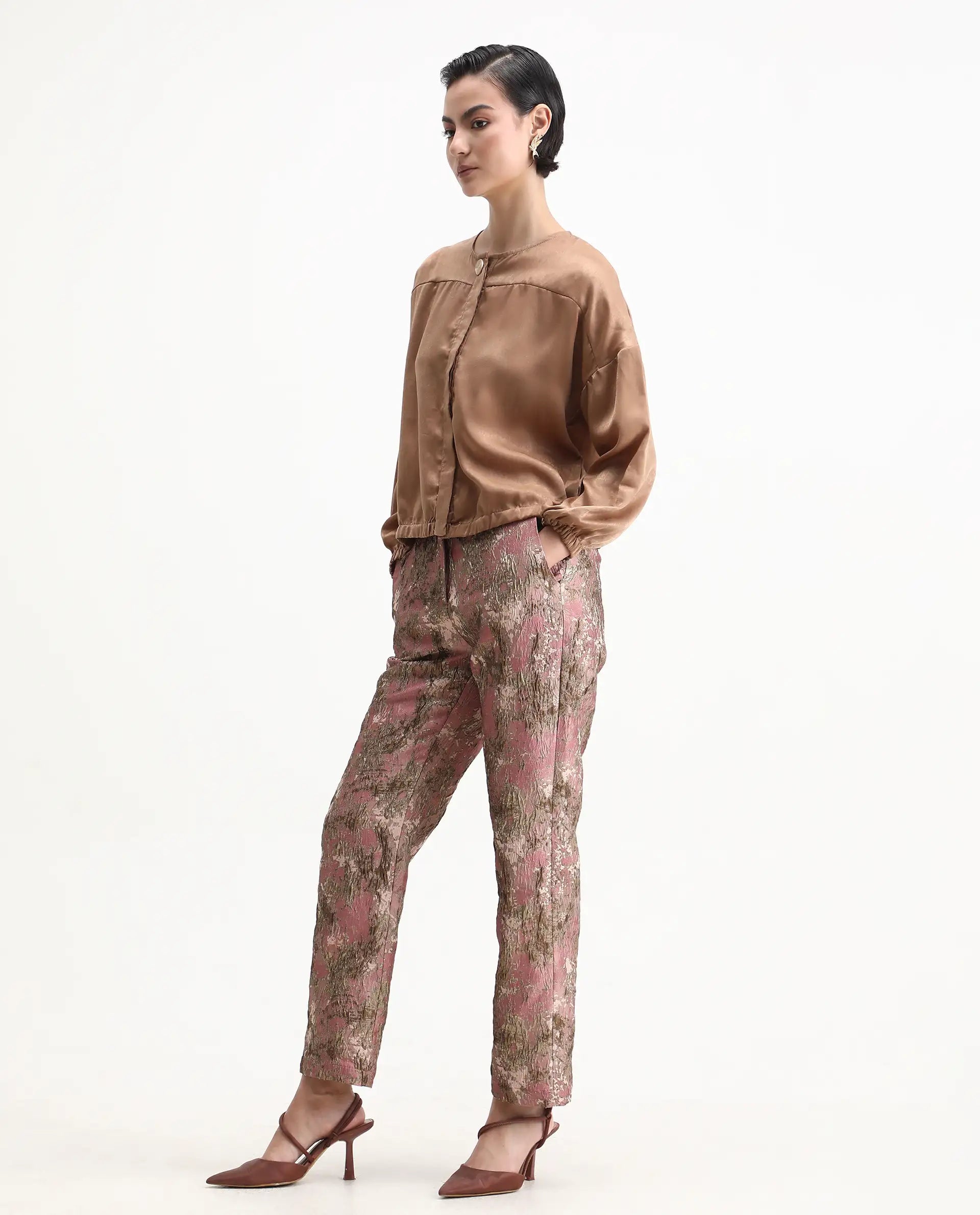 Rareism Women's Reshap-B Pink Poly Blend Tapered Ankle Length Jacquard Trouser