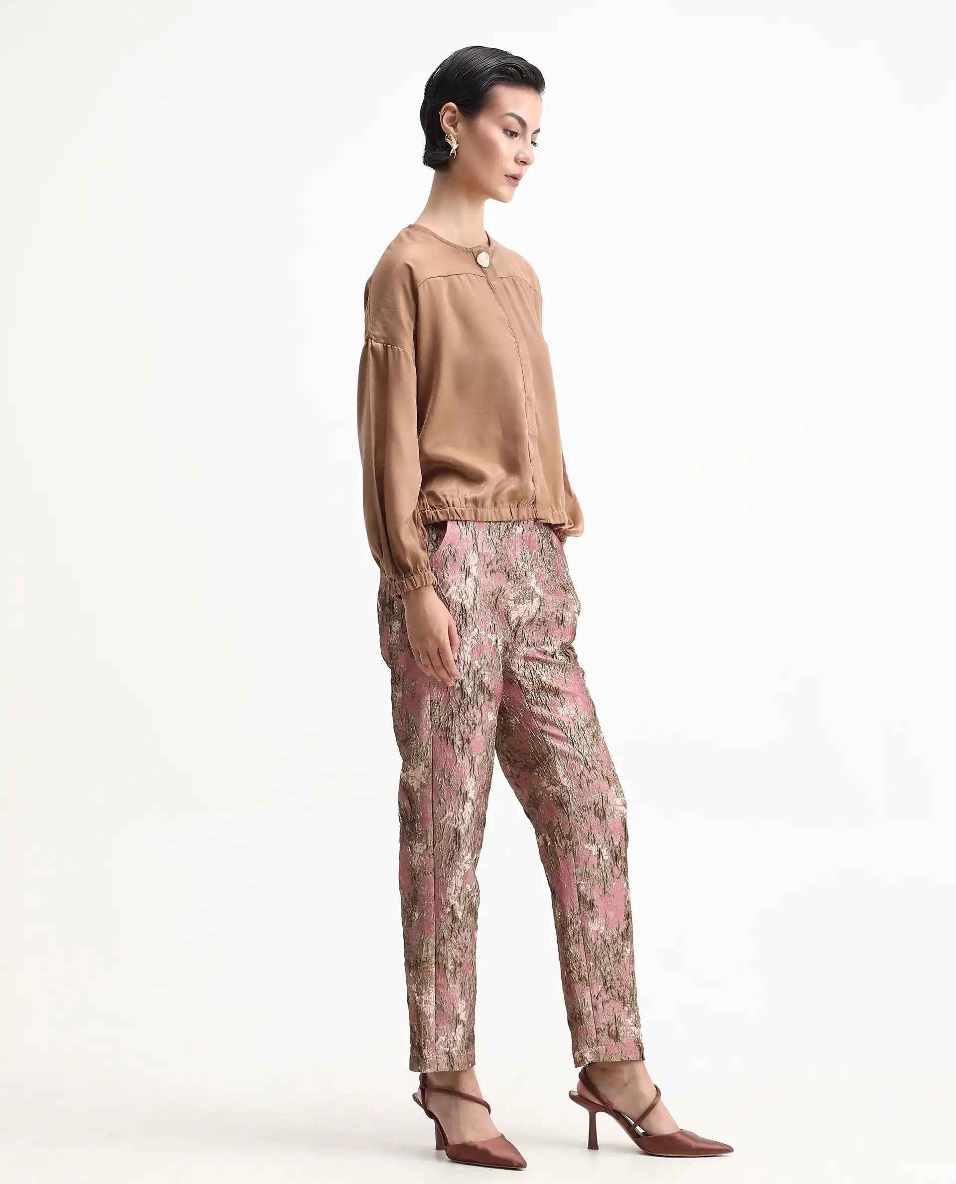 Rareism Women's Reshap-B Pink Poly Blend Tapered Ankle Length Jacquard Trouser