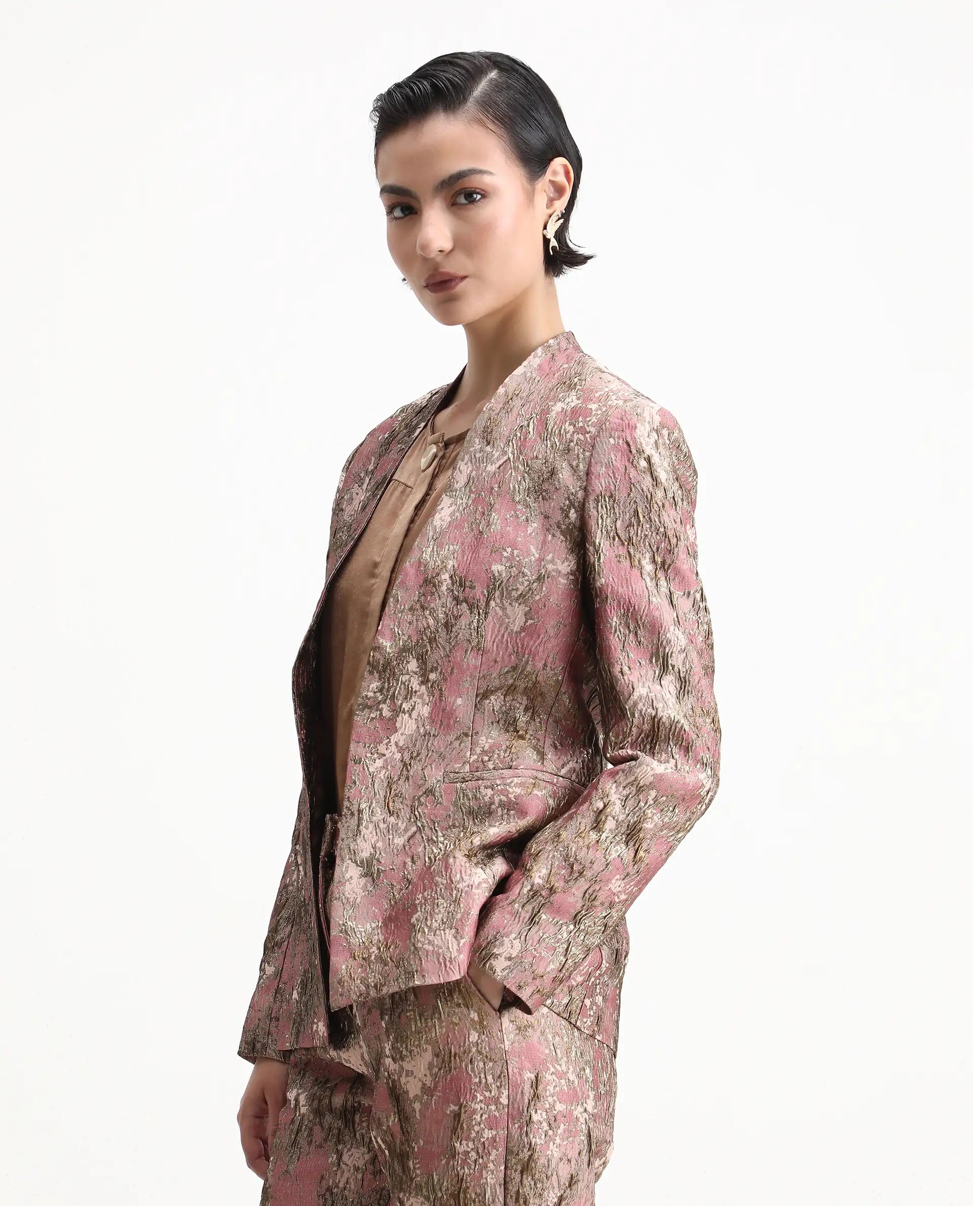 Rareism Women's Reshap-T Pink Polyester Blend Collarless Regular Fit Blazer