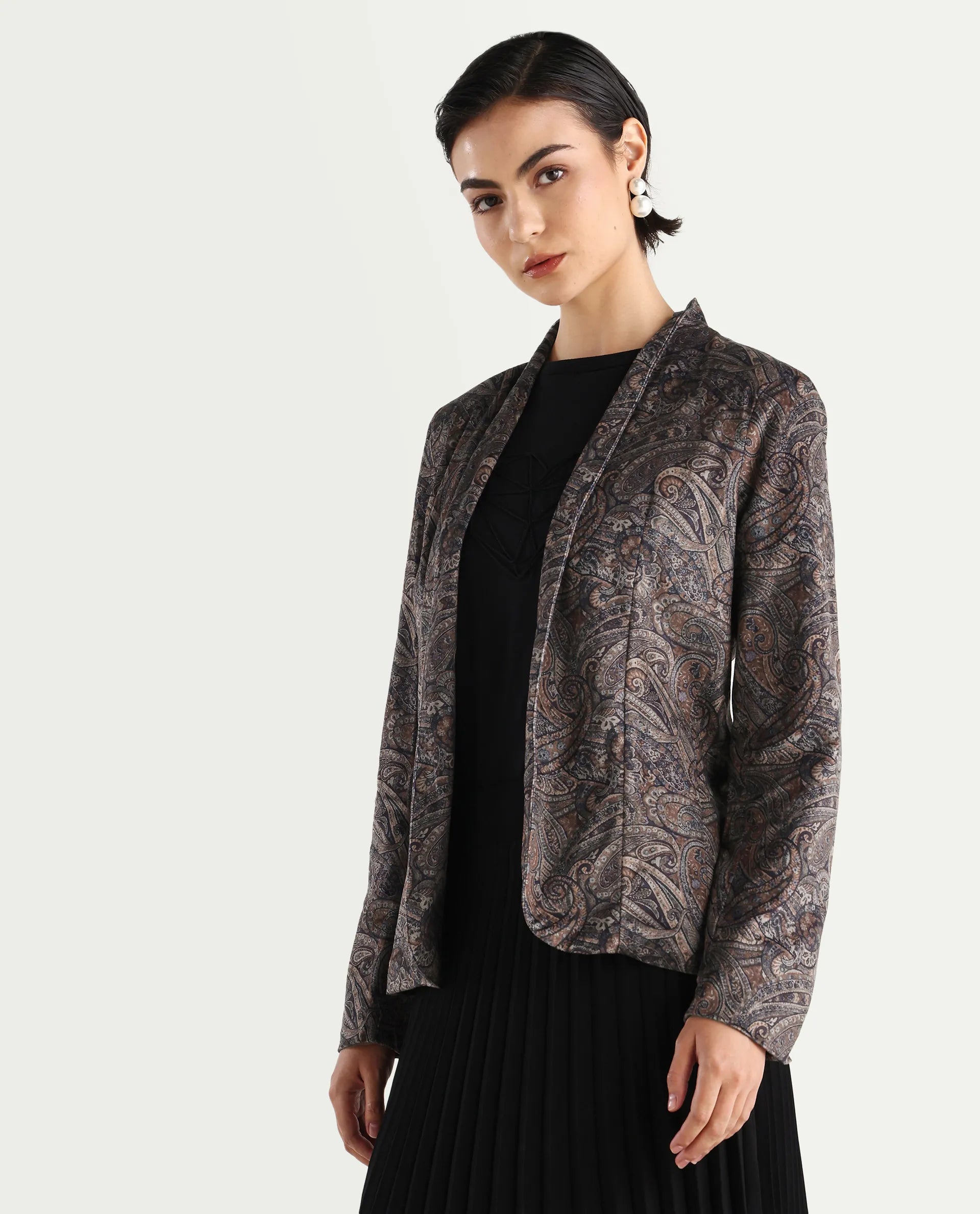 Rareism Women's Resko Multi Polyester Blend Collarless Paisley Print Regular Fit Jacket