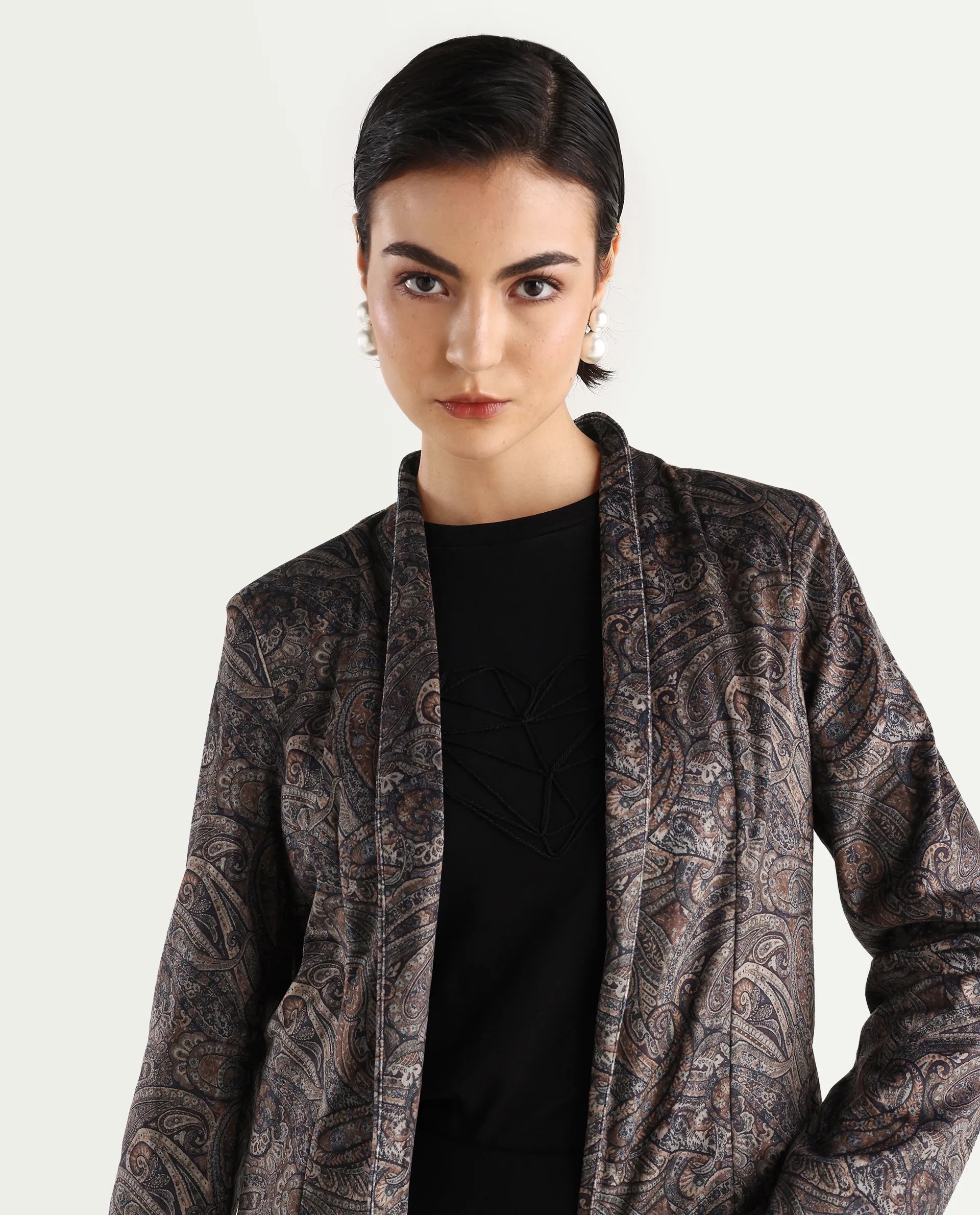 Rareism Women's Resko Multi Polyester Blend Collarless Paisley Print Regular Fit Jacket