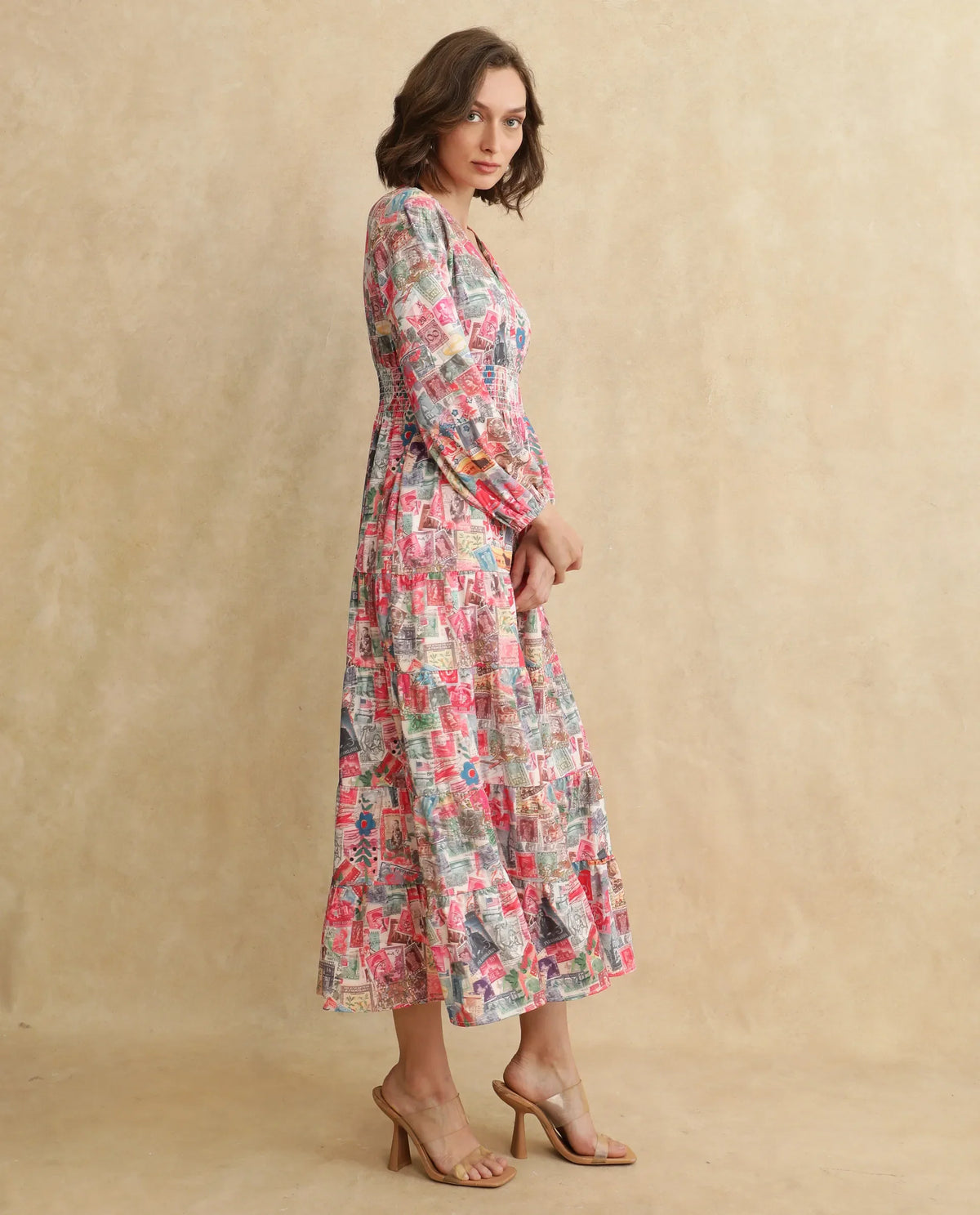 Rareism Women's Reting Light Multi Satin Fabric V-Neck  Full Sleeve Object Print Fit And Flare Maxi Dress