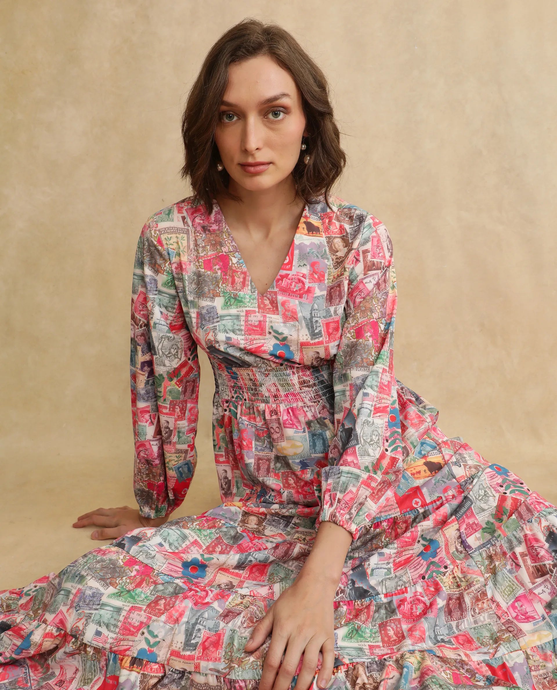 Rareism Women's Reting Light Multi Satin Fabric V-Neck  Full Sleeve Object Print Fit And Flare Maxi Dress